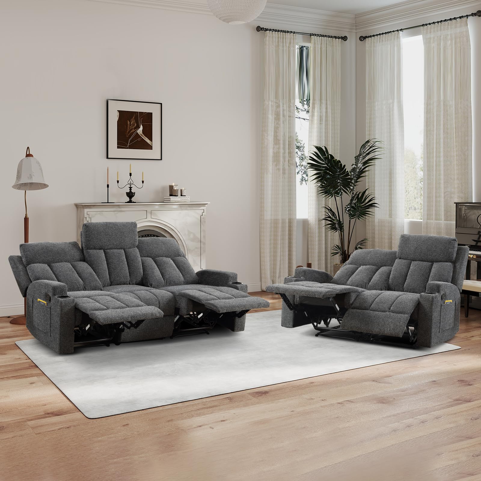 CANMOV Manual Recliner Sofa Set, Fabric Reclining Sofa Chair with Side Pockets and Cup Holders, Living Room Set Includes 3 Seat&Loveseat for Bedroom, Meeting Room, Home Theater, Dark Grey view 7