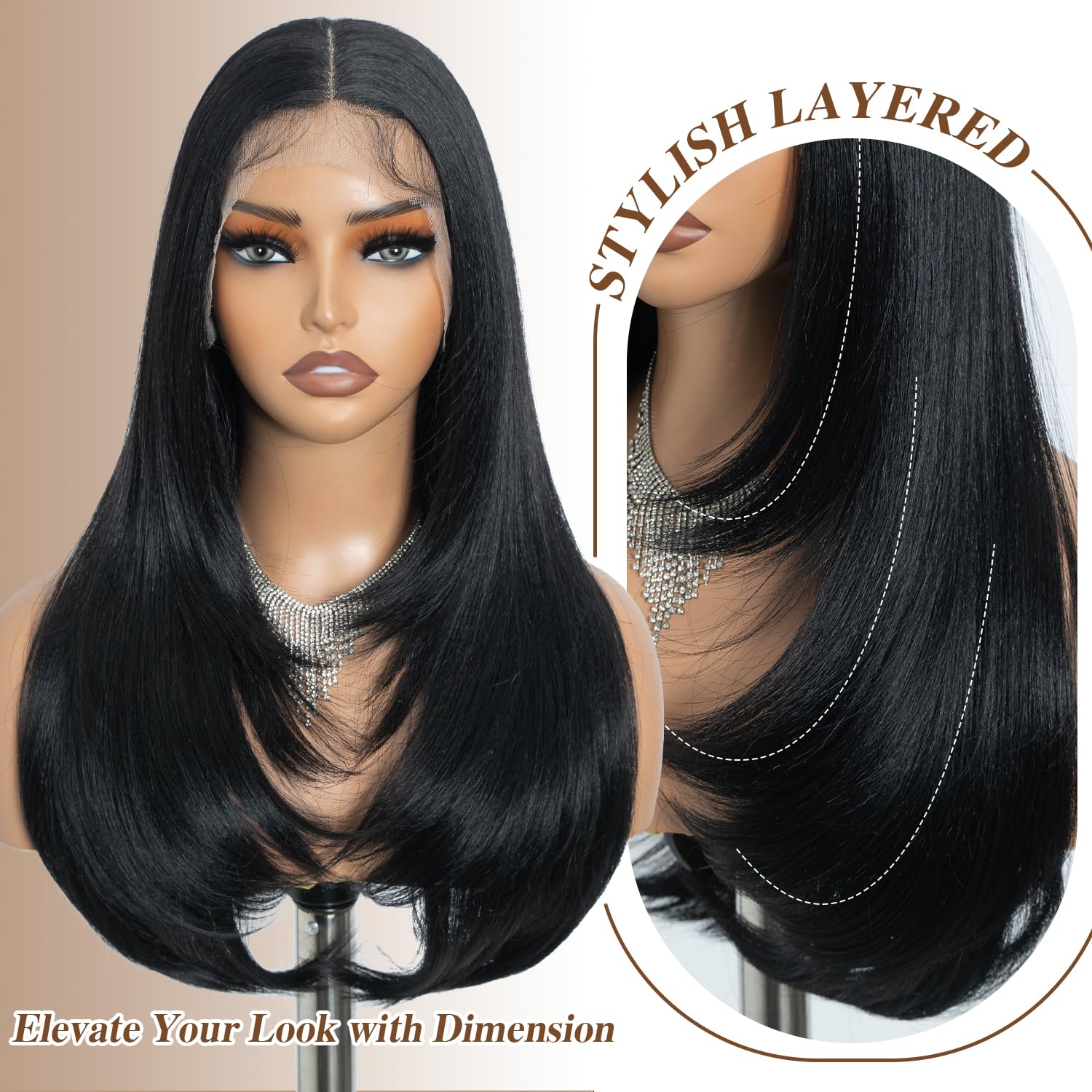 NOBLE Black Straight Layered Wig 24 inch 13×4×1 Lace Front Wigs Middle Part Blowout Long Hair Style Wigs For Daily Use - Image 4