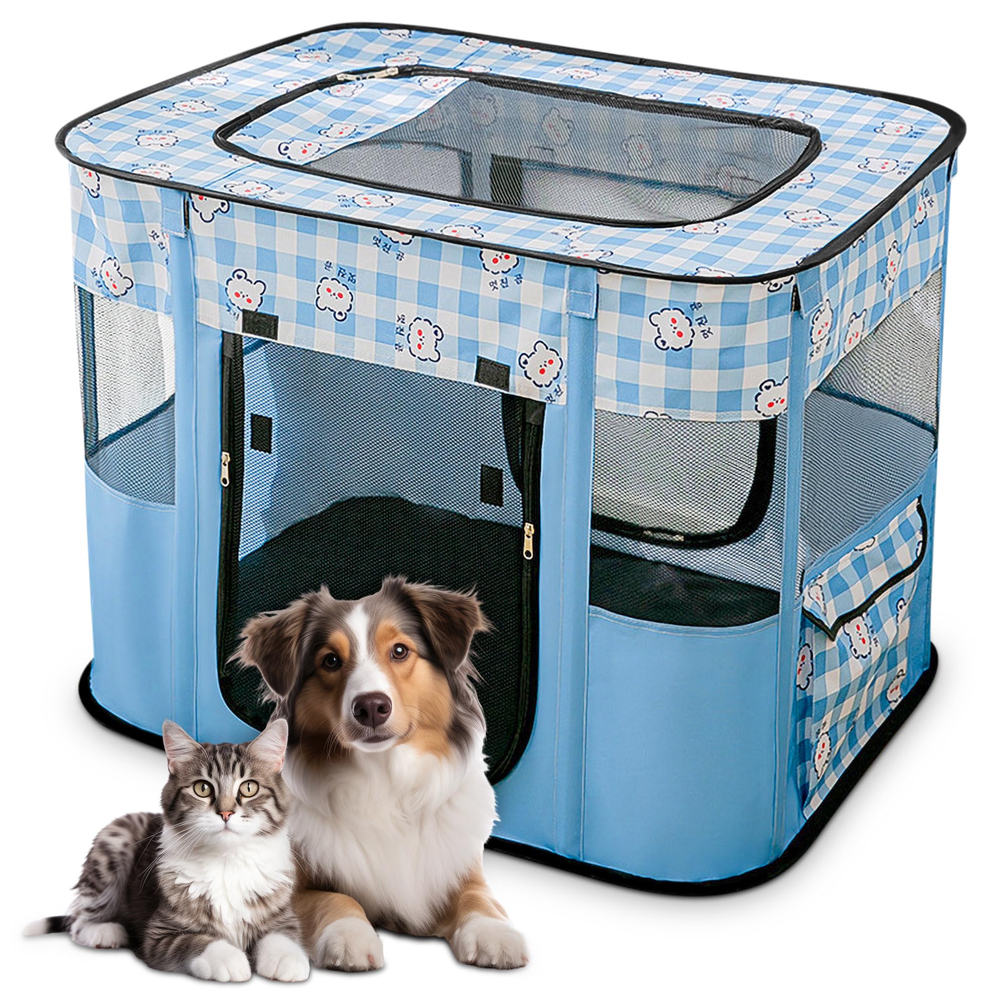 ALLSOPETS Parque para Perros Gatos Jaula Plegable para Cachorro Perro Gato Duradero Recinto para Mascotas con Bolso de Mano Portátil Ideal para Interior y Exterior (Osos Azules, M)