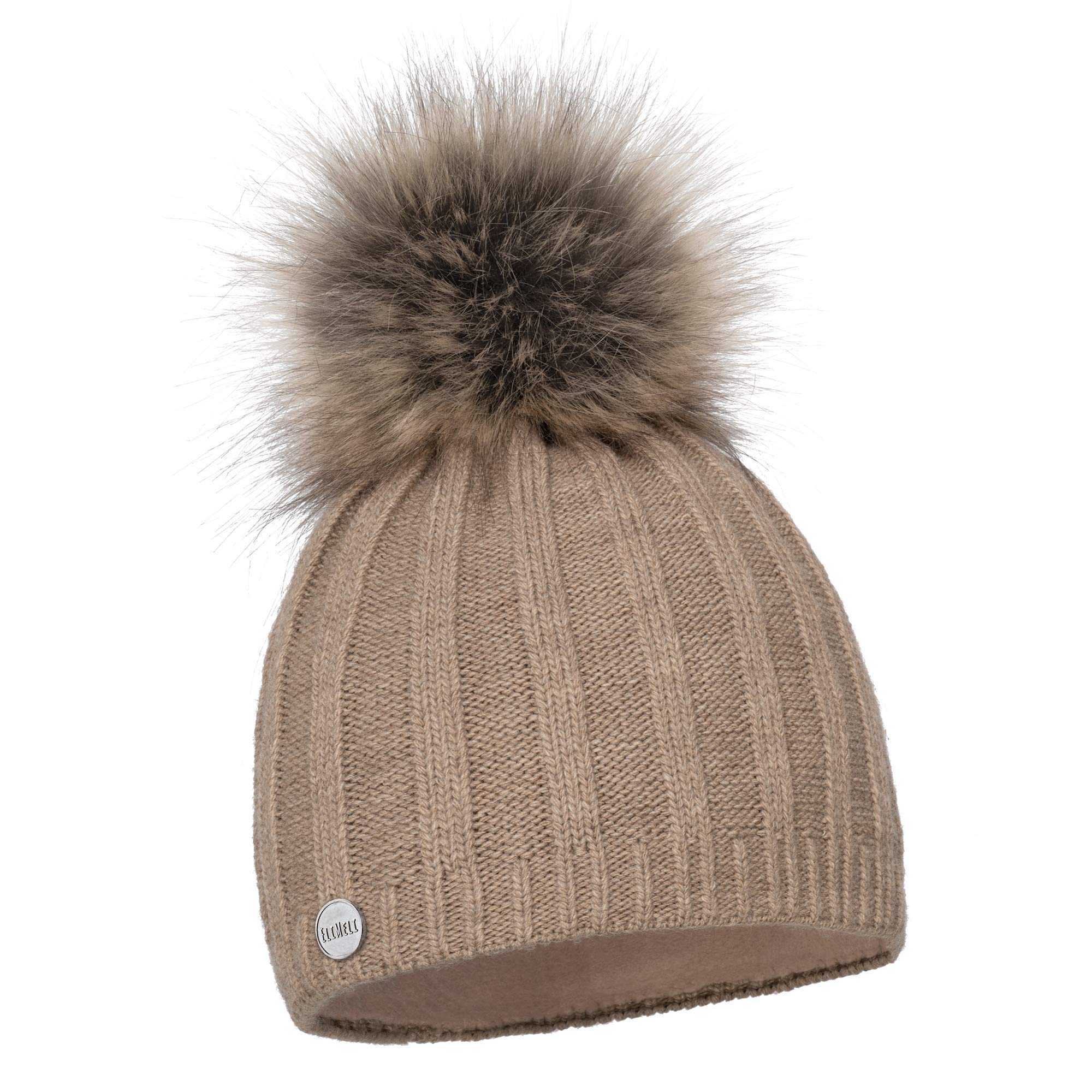 Elimeli Women's Cappuccino Elimeli® Cashmere Hat Winter Warm Knitted Wool Hat Winter Hat With Faux Fur Bobble Slouch Knitted Beanie For Winter Bobble Hat Made In Eu, One Size Fits All