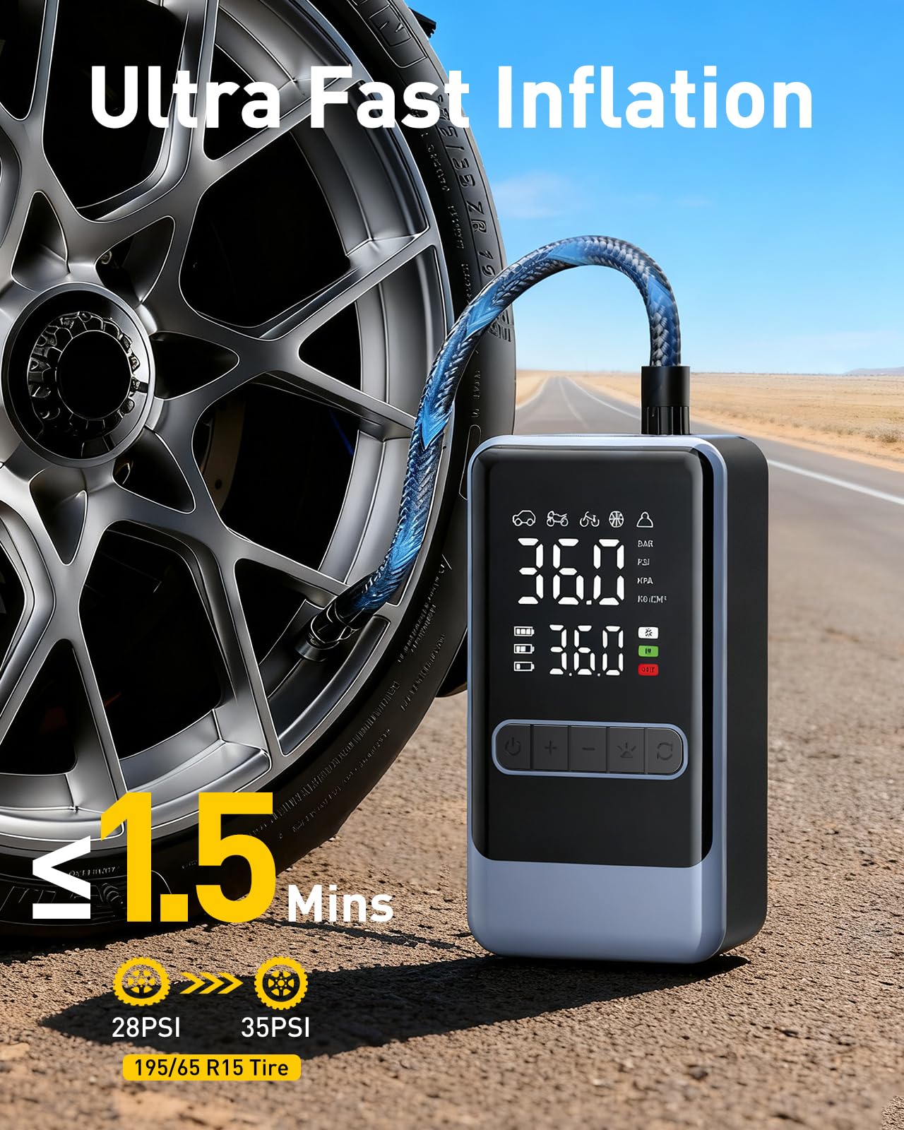 Tire Inflator Portable Air Compressor, 150PSI Cordless Air Pump for Car Tires, Electric Bike Tire Pump with Digital Pressure Gauge and LED Light, Portable Tire Inflator for Car, Moto, Bicycle