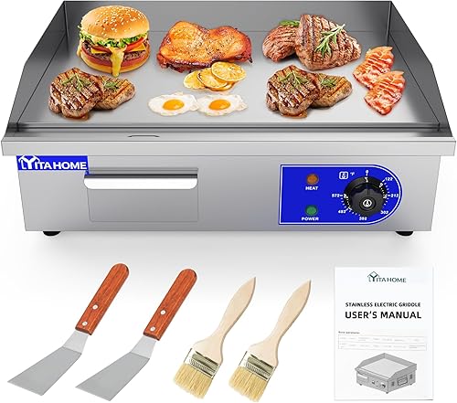 YITAHOME Plancha eléctrica comercial de 22 pulgadas con mango de resorte, plancha comercial de 3000 W, parrilla Teppanyaki antiadherente para