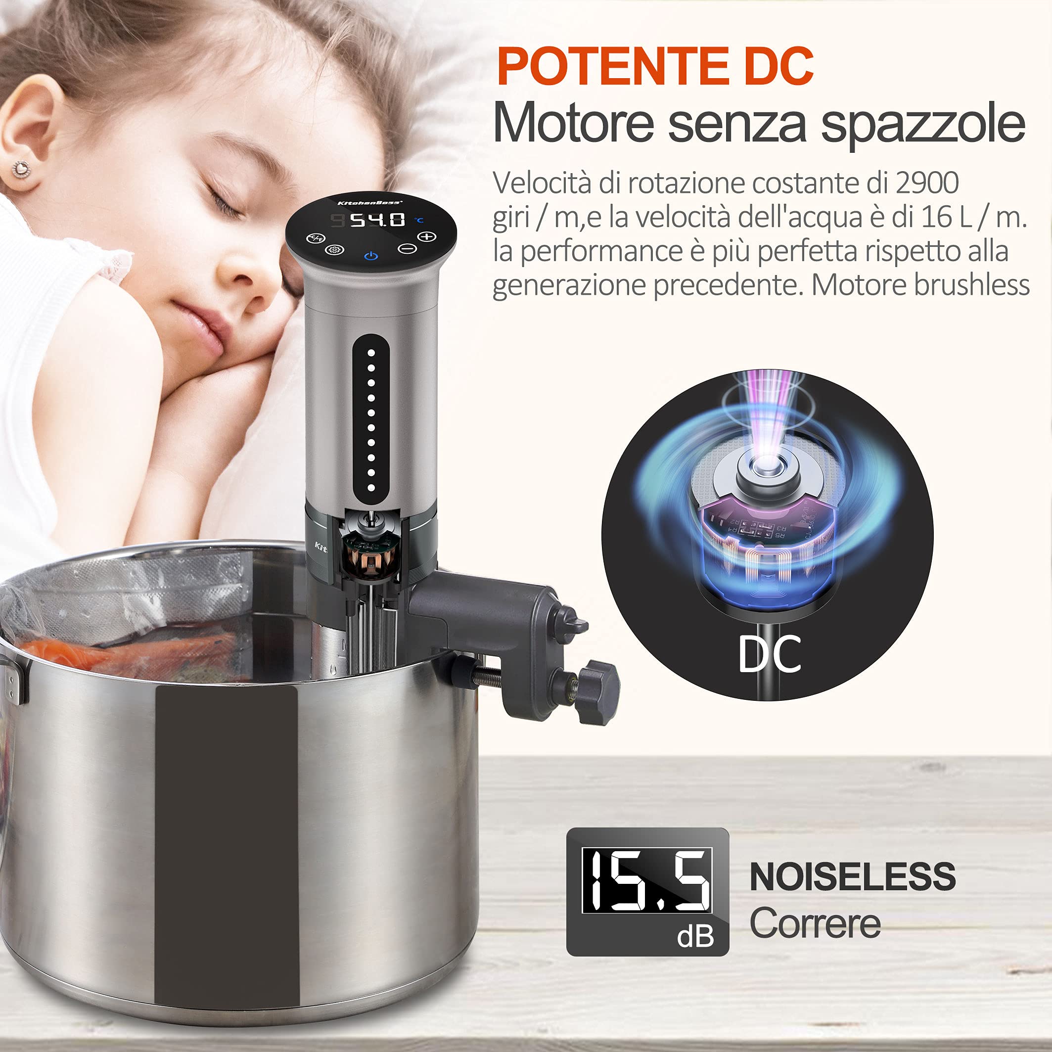 KitchenBoss Sous Vide Roner Cucina a Bassa Temperatura Slow Cooker Circolatore Termico Professionale IPX7 impermeabile,Timer con Touch Screen,Argento