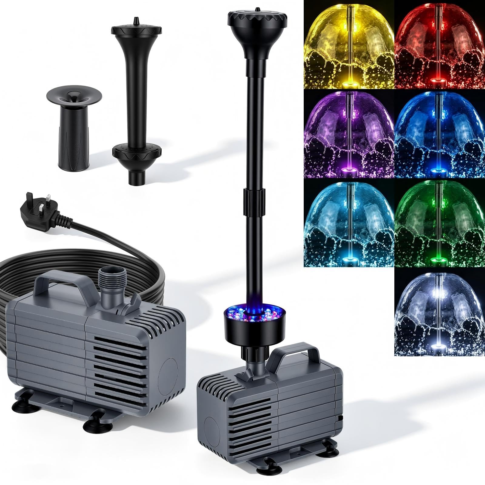 Pond Pump 3500L/H, 60W Fountain Pump Kit with 7 Colours LED Lights & 3 Nozzles – Ultra Quiet 5M Cable Water Feature Pump for Aquarium Fish Tank, Outdoor Fountain