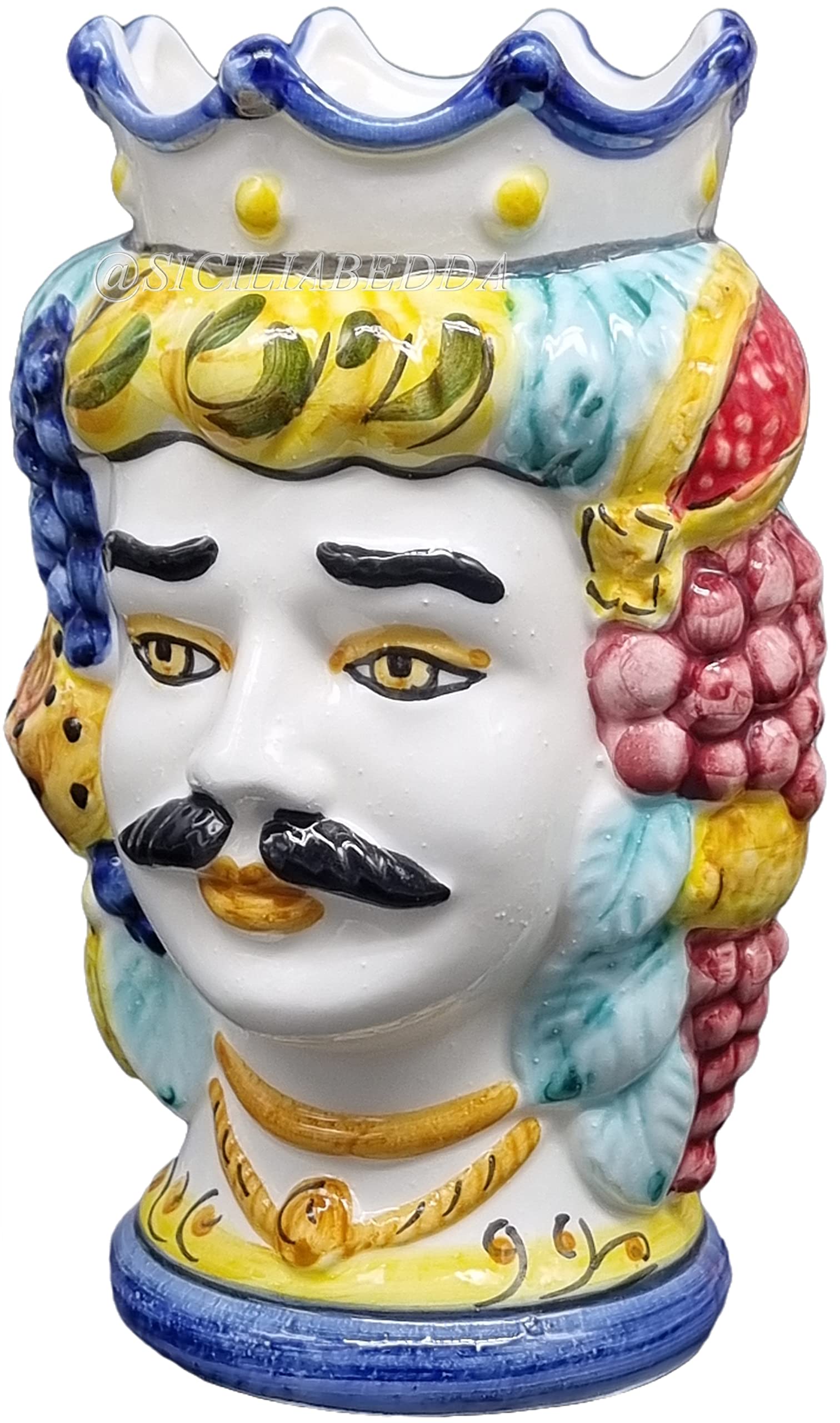 sicilia bedda - SICILIANE Brombeerköpfe aus Keramik aus CALTAGIRONE - Handgefertigt - Höhe 18 cm (Herren, blaue Krone)