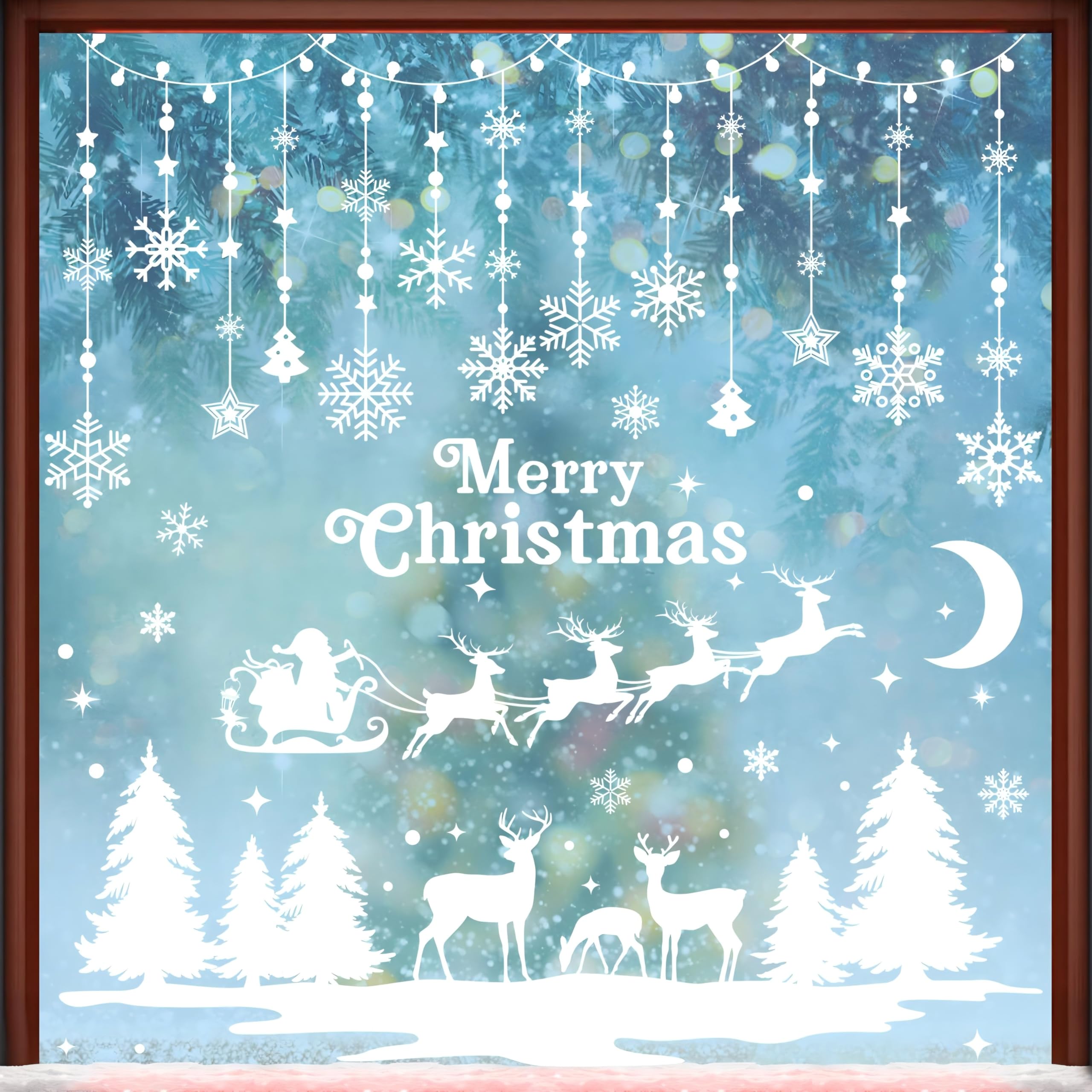 AhfuLife Christmas Window Clings, 209 PCS Reusable Christmas Window Stickers for Glass, 9 Sheets Double Sided Snowflake Xmas Trees Garland Stickers for Xmas Party