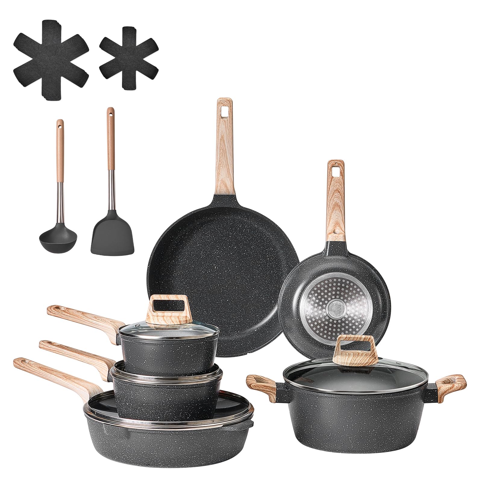 VEVOR Set di Pentole, Padelle Antiaderenti in Granito con Manico, Set di Pentole a Induzione da Cucina per Camper, con Frittura, Coperchi in Vetro Temperato, Nero 17 Pezzi