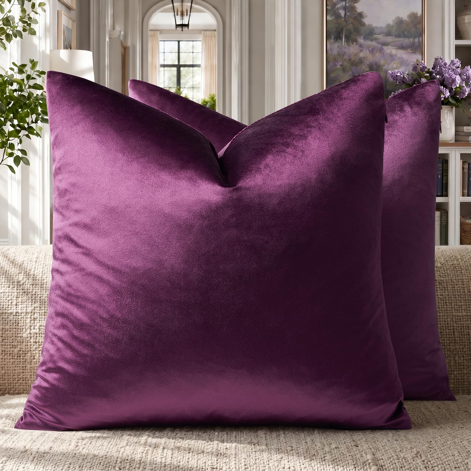 GIGIZAZA Purple Velvet Decorative Pillow Cases 20 x 20 Inches for Sofa Bed 2 Pack Soft Cushion Covers โ image 1