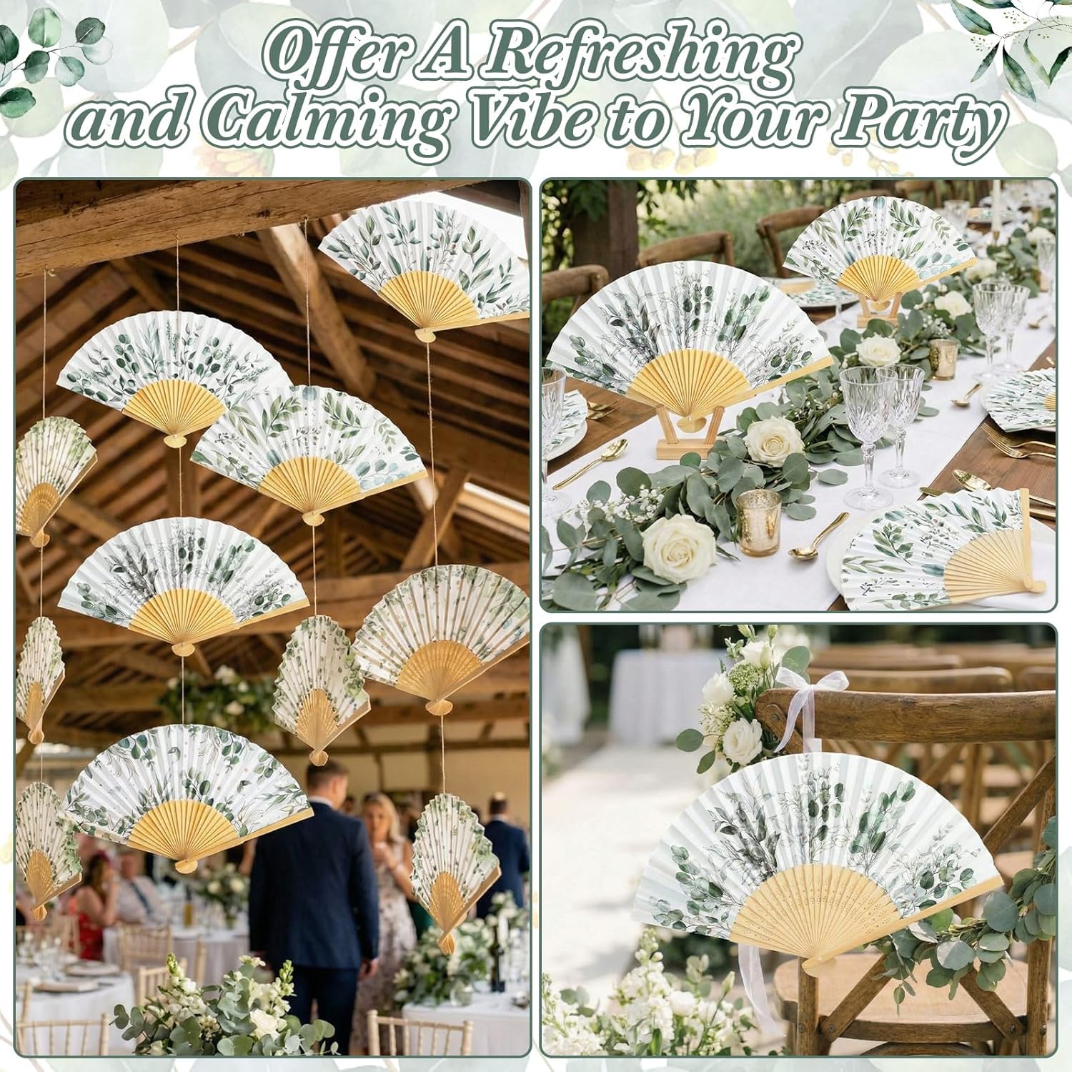 48 Set Eucalyptus Leaf Hand Folding Fans with Organza Bags Bulk Greenery Wedding Favors for Guests Boho Green Leaf Paper Fan for Bridal Shower Supplies Bridesmaid Gifts Party Decorations