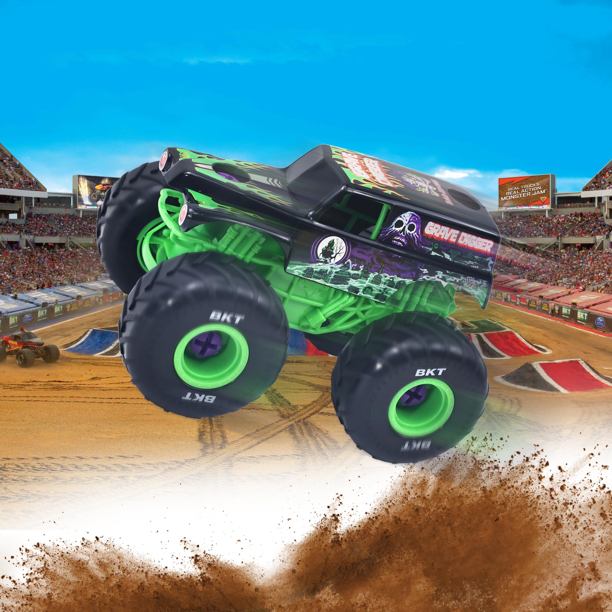 MonsterJam Mechanix - Vehículo a Escala 1:18 con Piezas Desmontables, Incluye Destornillador y 4 Ruedas, Modelo Grave Digger, 3 Modelos Disponibles para Coleccionar, Famosa (MNJ02100)