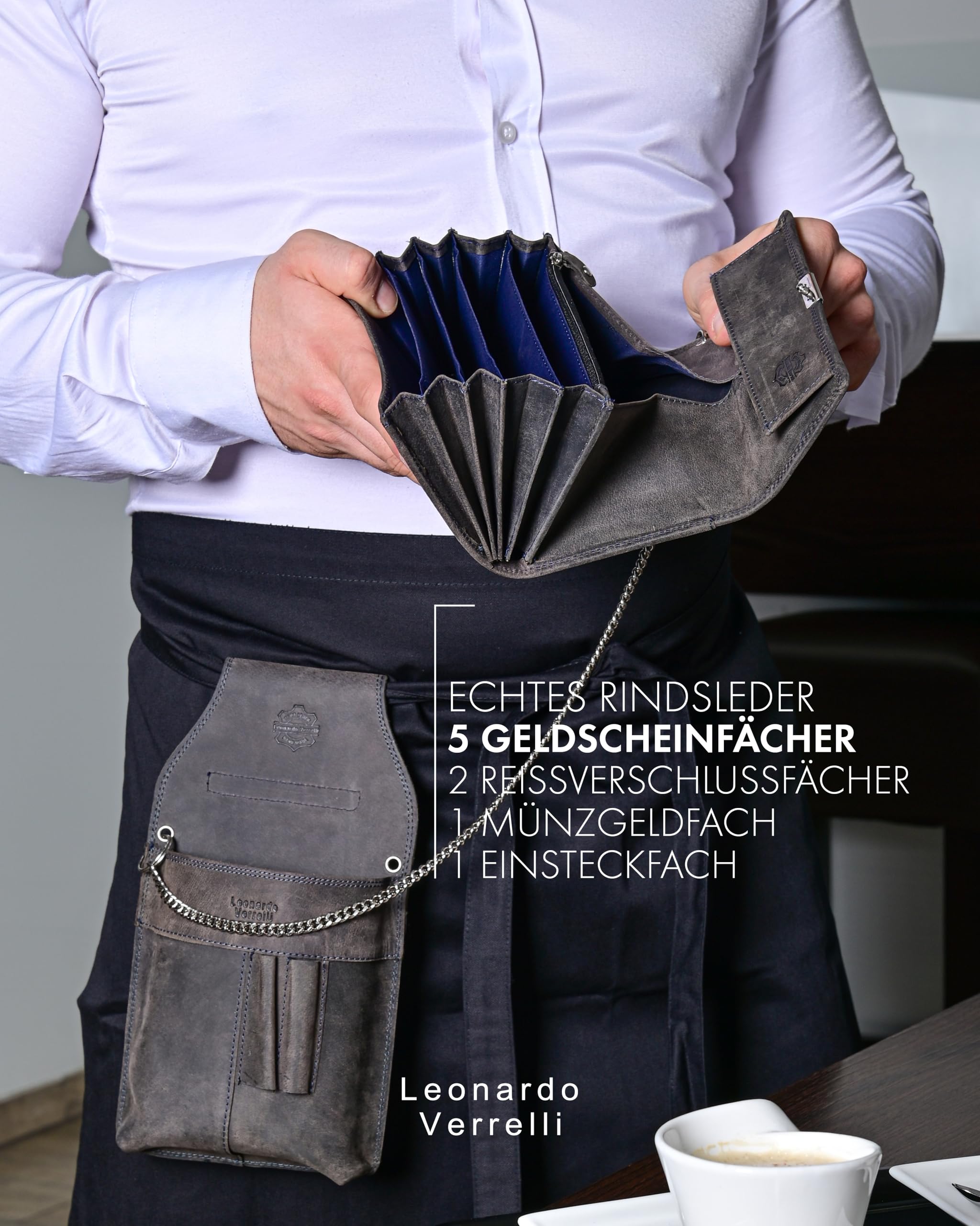 Cartera de camarero de piel | Monedero para gastronomía con trabilla para cinturón | Monedero para operaciones hombre y mujer, gris, 28x14, Clásico