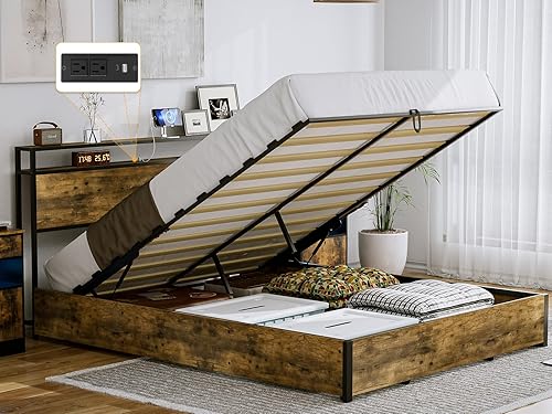 IKIFLY Cama de almacenamiento elevable tamaño Queen marco de cama de plataforma de metal Queen con cabecera de estante de almacenamiento de 2