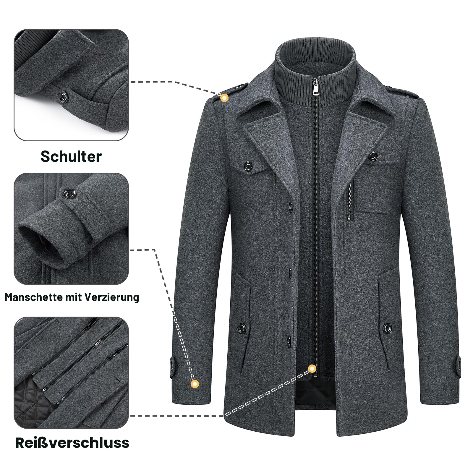 KUDORO Herren Wintermantel Wolle Kurzmantel Herren Wollmantel Mittellang Slim Fit für Business Freizeit Peacoat Herren Casual