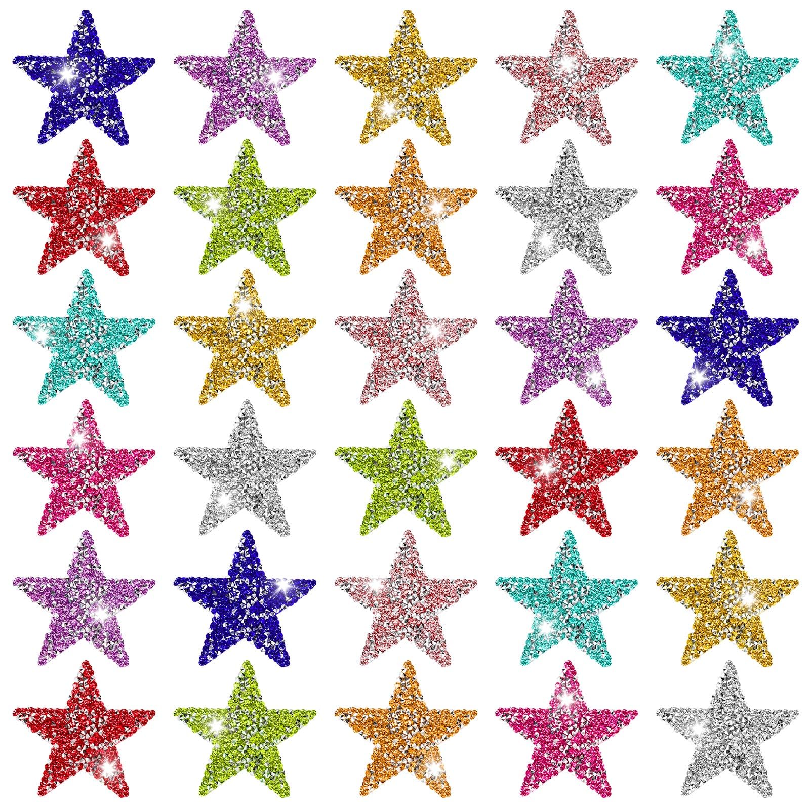 30 Pcs Colorful Star Patches Glitter Star Iron on Patche Adhesive Applique Hot Glue Rhinestone Stars for Clothing Jeans Bags Hat Patches Costume Rhinestone Applique Decoration (2.36 Inch 10 Color)