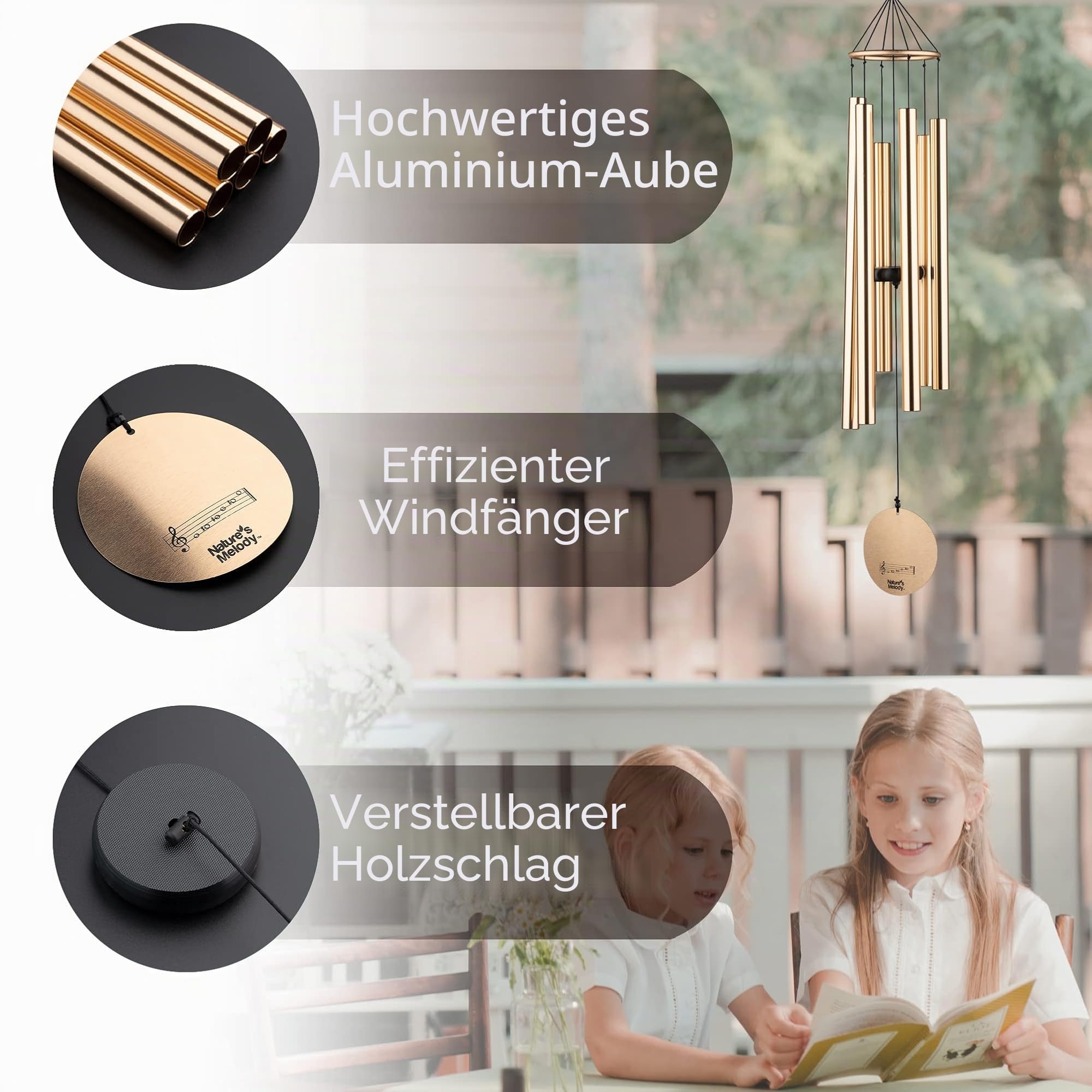 OSVINO Klangspiele Windspiele Deko mit Klang Aluminium groß Gesamtlänge 75cm für draußen Balkon Garten, Rosagold