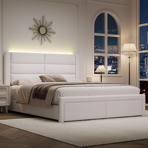 Queen Upholstered Bed Frame with Headboard and LED Lights, Modern Faux Leather Bed Frame with Wooden Slats Support and Heavy Duty Mattress Foundation, No Box Spring Needed, Easy Assembly, White