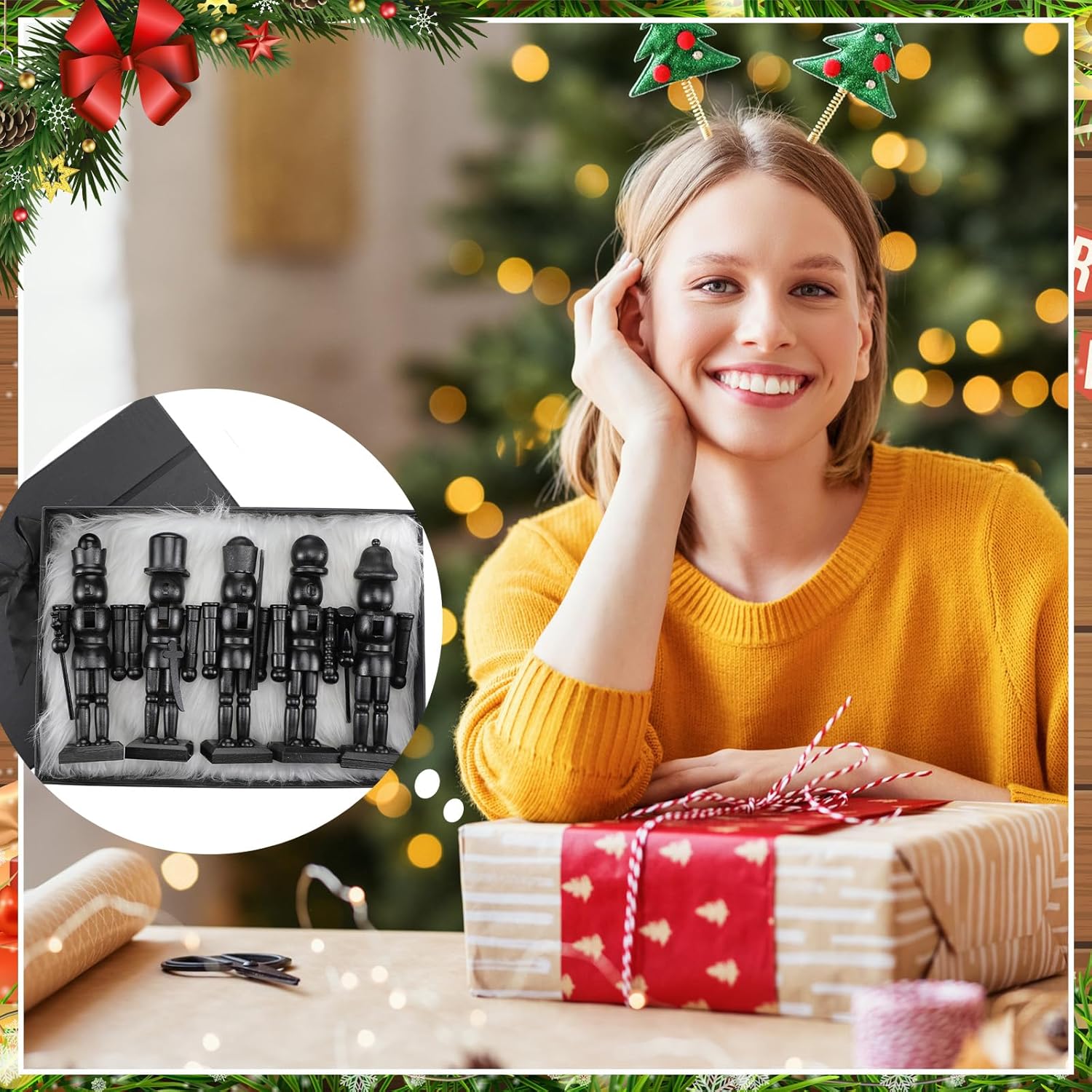 Jetec 5 Pcs Black Christmas Nutcracker Decor 7.87'' Traditional Wooden Nutcracker Figures Christmas Ornaments King Soldier Festive Collectible for Xmas Holiday Tabletop Fireplace Home Decor Gift