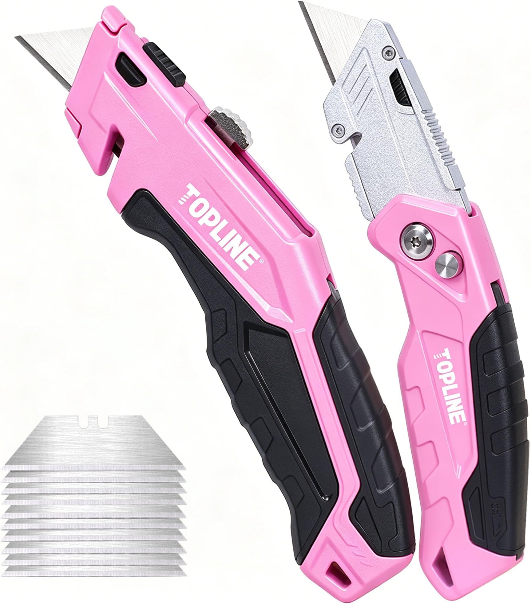 TOPLINE 2-Pack Pink Utility Knife Set, Retractable Pink Box Cutter | Pocket Folding Utility Knife, Blade Storage Design, 18-Piece SK5 Blades and a Dispenser Included