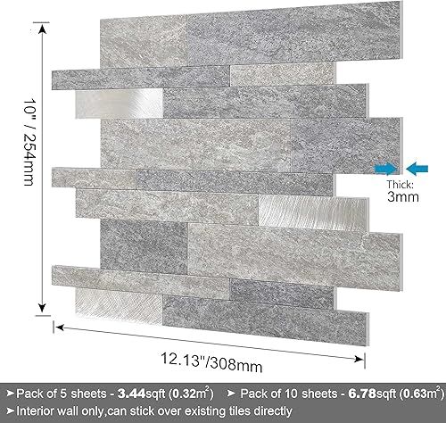 Miniatura 6 de BeNice Azulejos de protección contra salpicaduras para cocina, despegar y pegar, azulejos de mosaico lineal impermeable para salpicaduras en muro