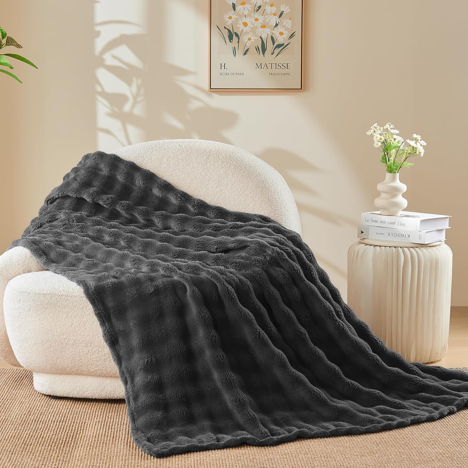 NEWCOSPLAY Throw Blanket for Couch Dark Grey Super Soft Flannel Fleece 3D Bubble Lightweight Bed Blanket All Season Use (Dark Grey, Throw(50"x60")) - Image 6