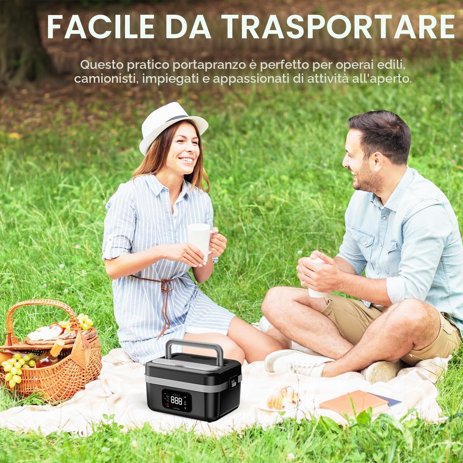 Lunch Box Elettrico Portatile, Scaldavivande Porta Pranzo Riscaldabile con Timer, Scatole Bento Prova di Perdite, Lunch Box Ricaricabile Autoriscaldante Senza Fili per Pasti Fuori Casa