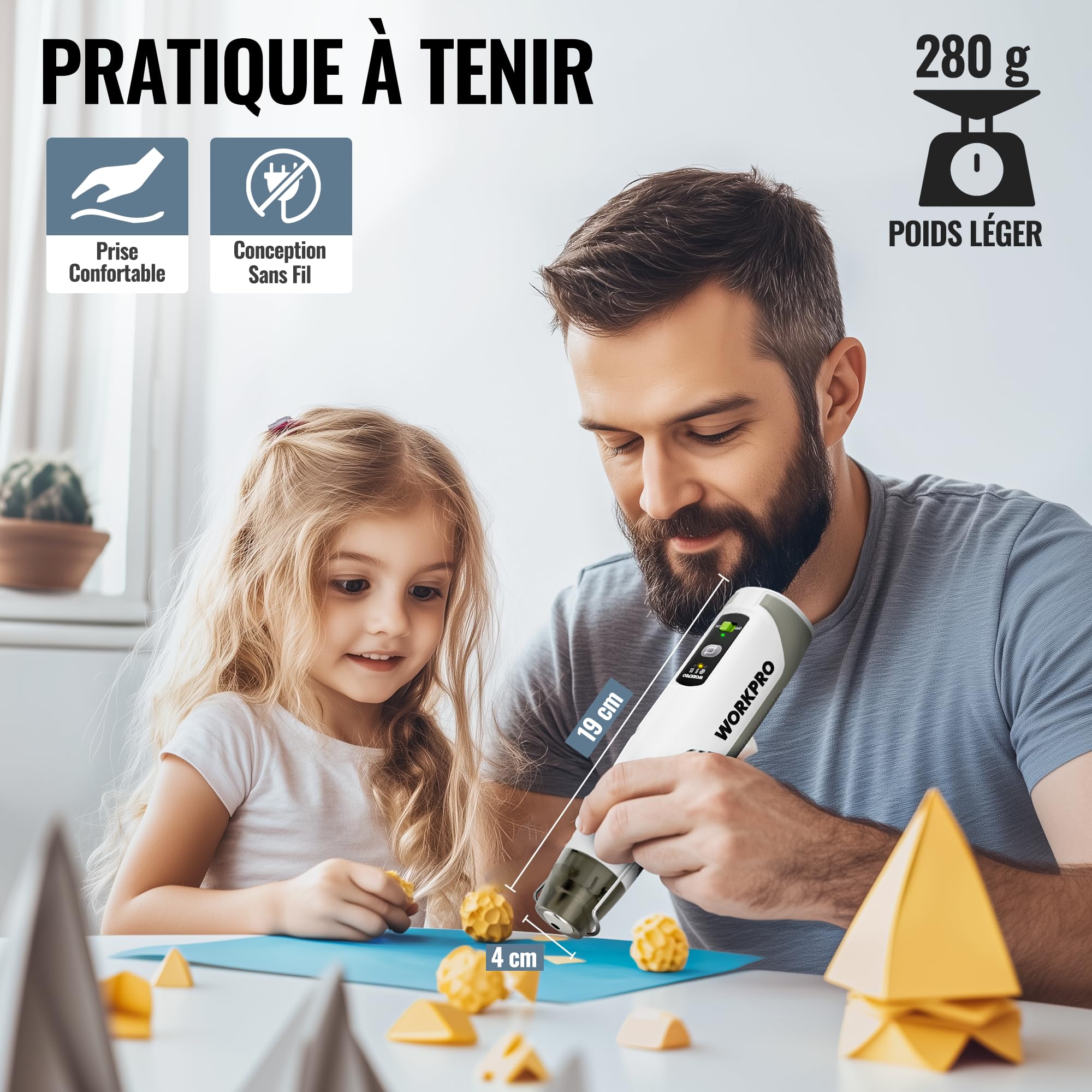 WORKPRO Mini Pistolet à Air Chaud sans Fil, Décapeur Thermique 3 Températures (Froid/300°C/450°C), Chauffage Rapide avec Buse Réflectrice