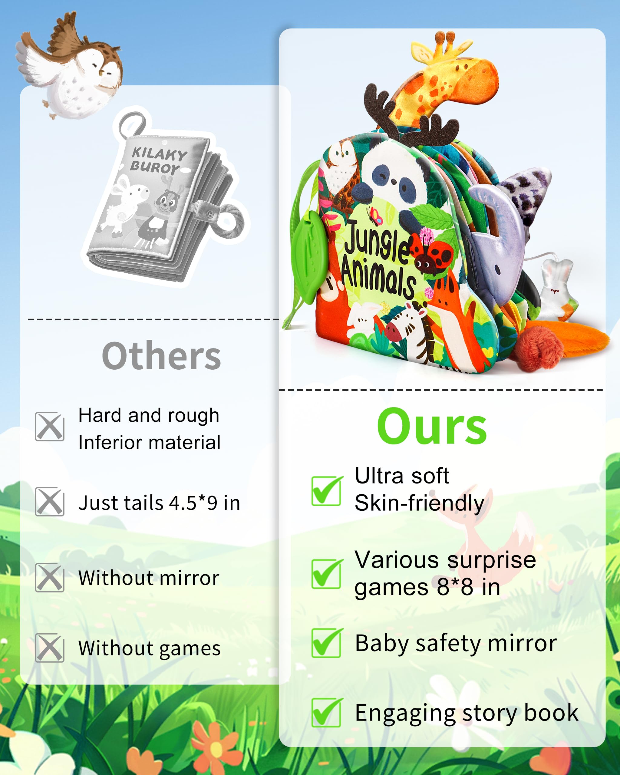 Jovow Baby Books 0-6 Months, Infant Tummy Time Sensory Teething Toys Baby Toys 6 to 12 Months, Touch and Feel Soft Cloth Book, 3D Crinkle Book Toy for Infant Newborn Boys Girls Early Learning