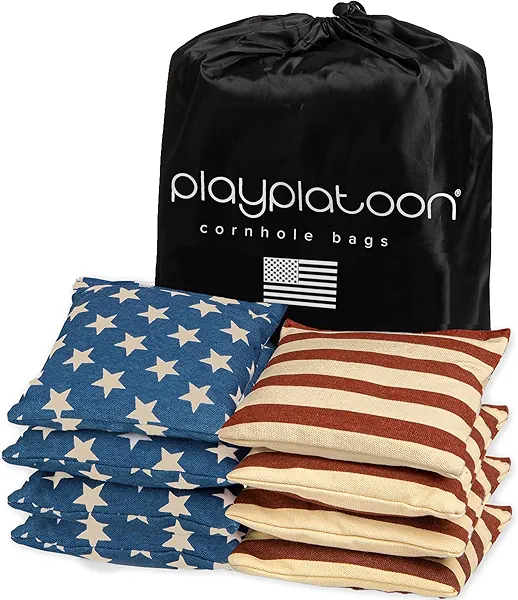 Play Platoon Weather Resistant Cornhole Bags Set of 8 - American Flag Corn Hole Bags (Stars & Stripes) - Outdoor Toss -Regulation Size & Weight