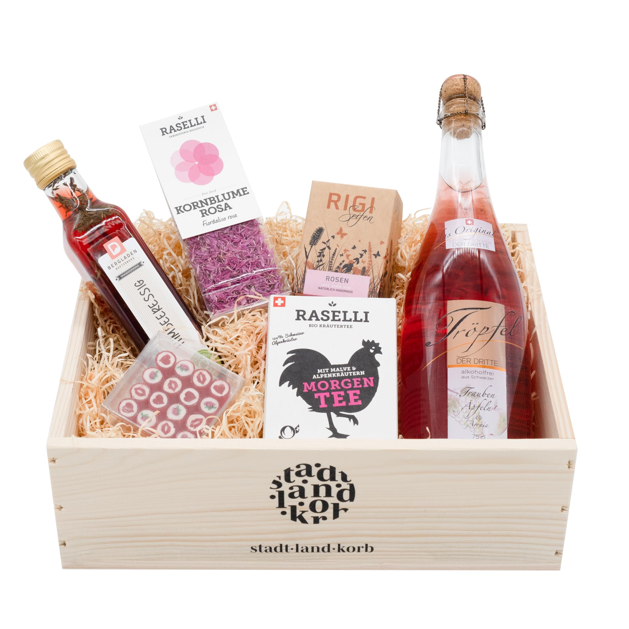 Cesta de regalo de alta calidad «Rosarot» con productos regionales de alta calidad para alegrías rosas, idea de regalo para cumpleaños, Navidad y como agradecimiento