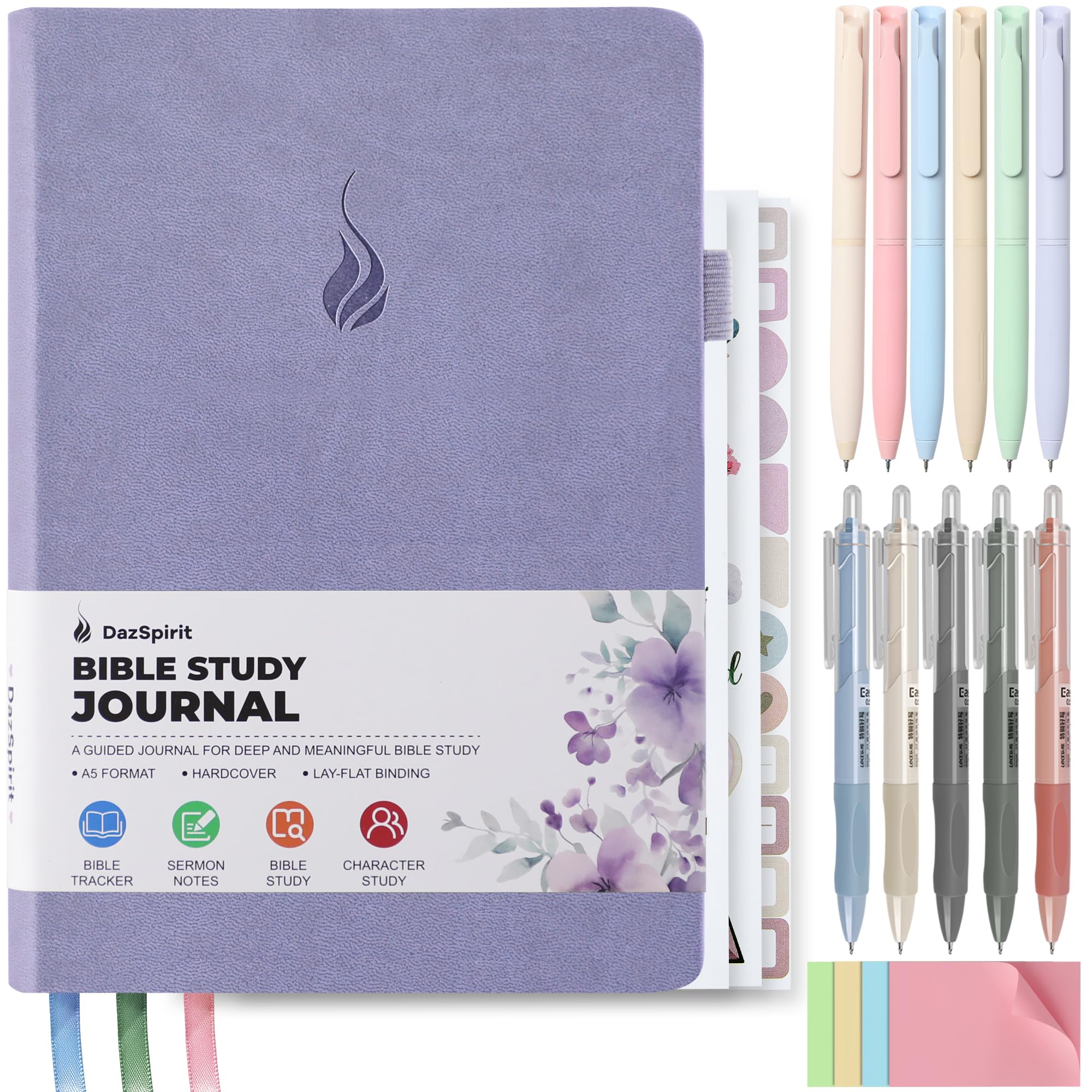 DazSpirit Bible Study Journal Set, Christian Bible Study Kit with Guided A5 Journal, 11 Pens, Sticky Notes & Stickers, Devotions Faith-Based Gift for