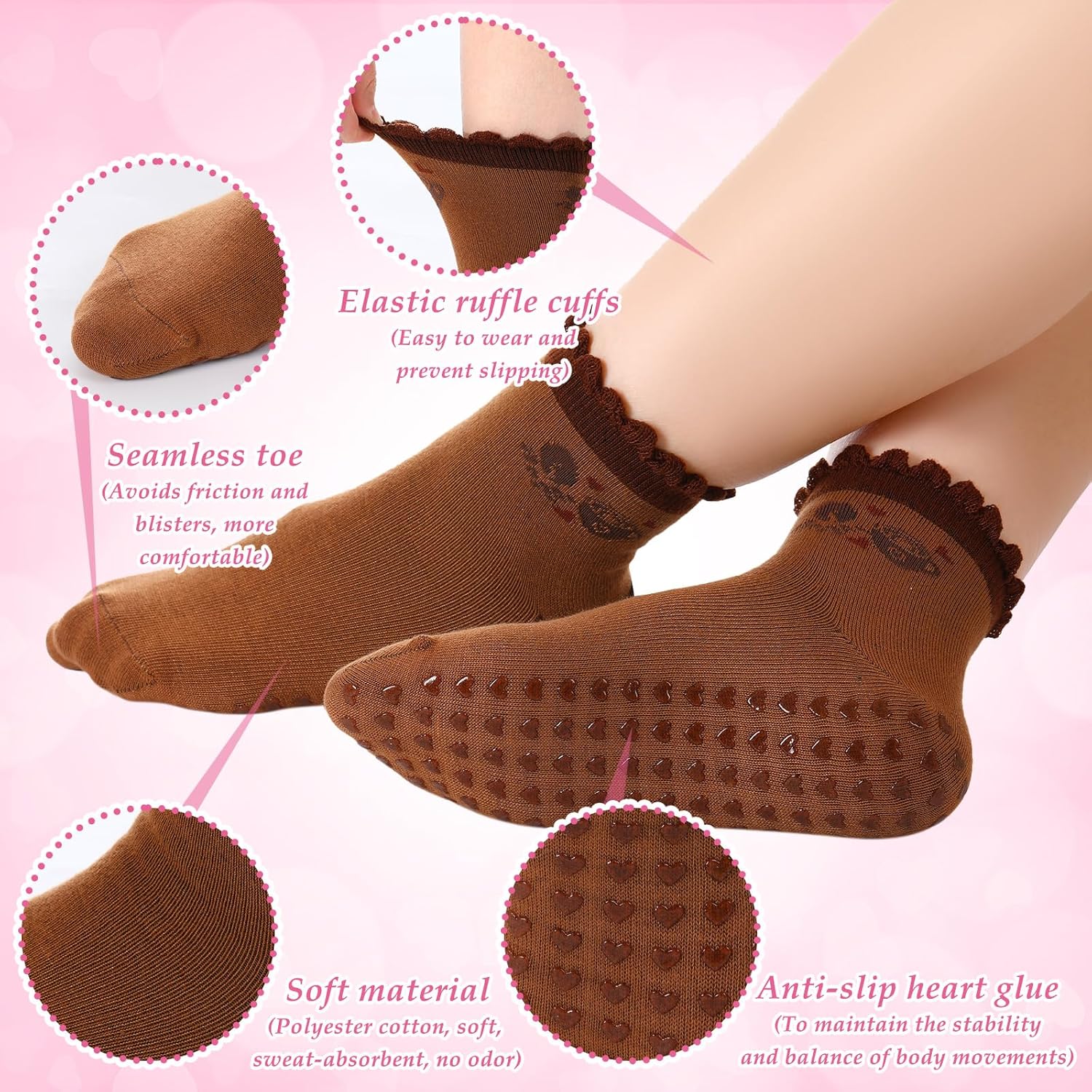 10 Pairs Cute Short Pilates Socks for Women Colorful Non-slip Yoga Ballet Socks with Ruffle Cuff Grips Gift