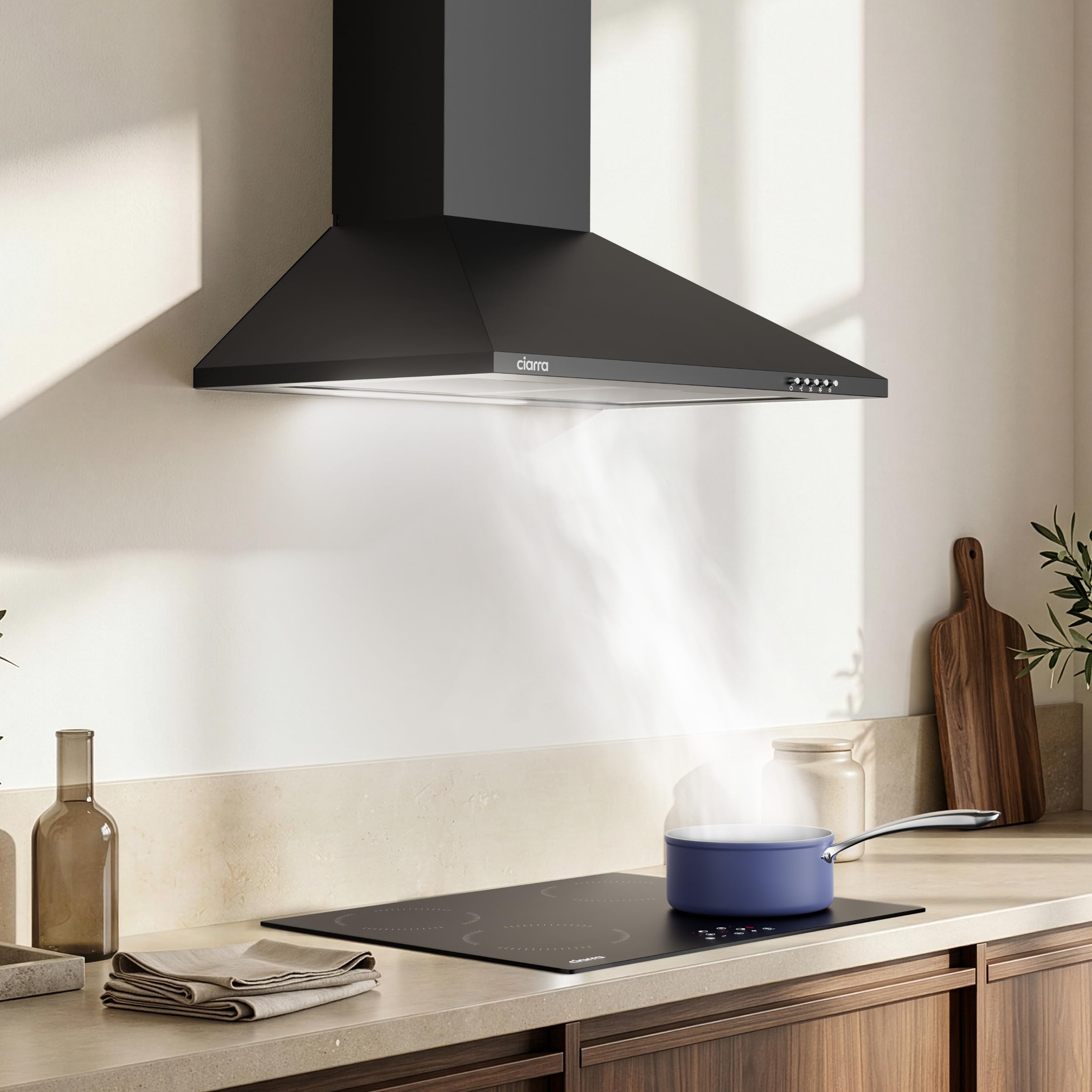 CIARRA CBCB6201 Cappa Aspirante Cucina 60 cm Classe A++ - Design Nero, 370 m³/h, 3 Livelli di Potenza, Montaggio a Parete con Filtro Carbone CBCF002X2