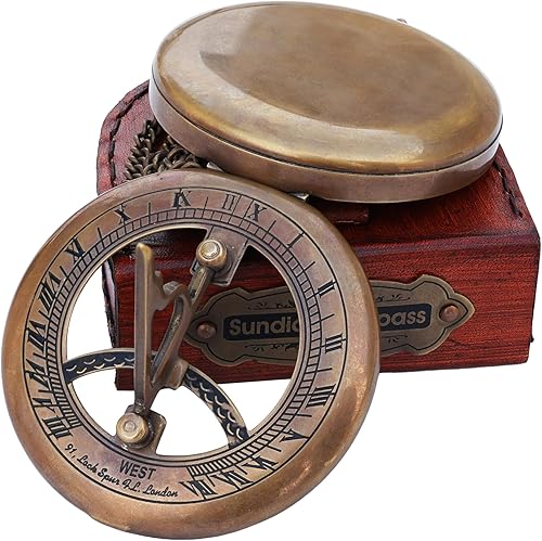Miniatura 6 de NEOVIVID Brújula de latón con esfera solar con caja de cuero y cadena brújula abierta a presión accesorio steampunk acabado antiguo hermoso regalo