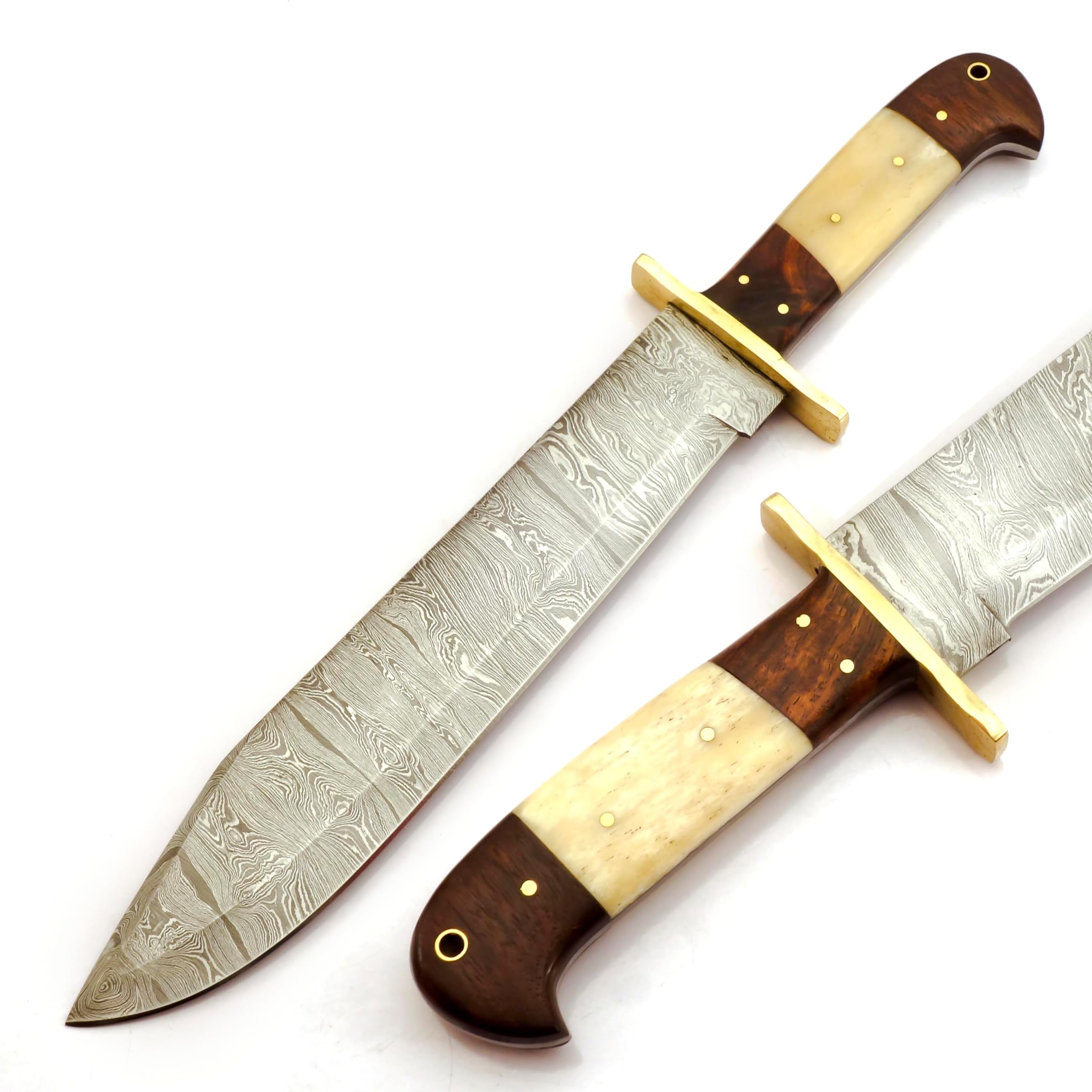 Skokie Knives 10-inch Handmade Damascus Steel Hunting Knife, Fixed Blade Bowie Knife With Leather Sheath, Wood & Bone Handle, Full Tang For Men Hunting, Bushcraft, Camping, Survival