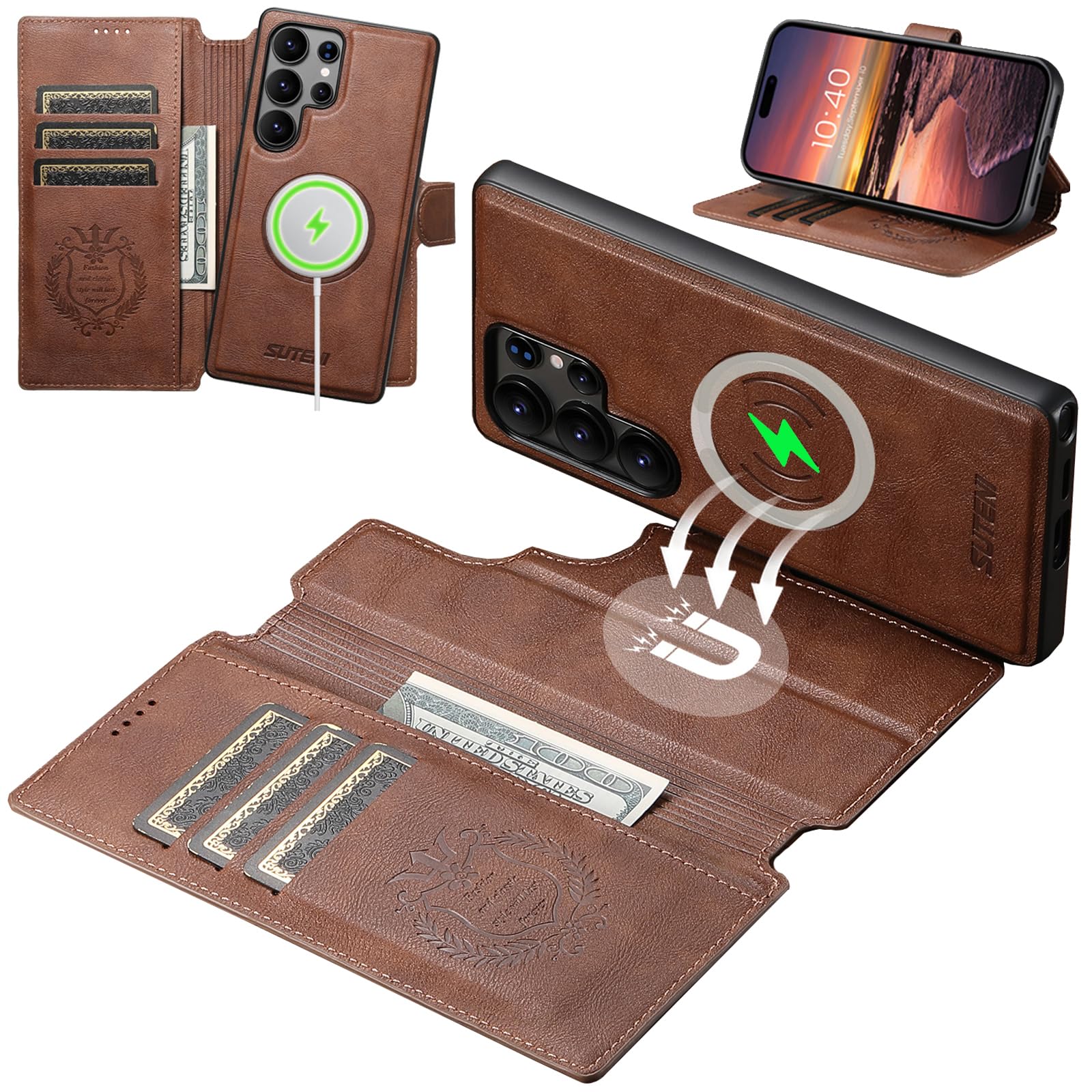 JCGOOD Compatible with MagSafe Wallet Case for Samsung Galaxy S25 Ultra Flip Cover Folio Leather, 2-in-1, Detachable, Magnetic, Shockproof Case with