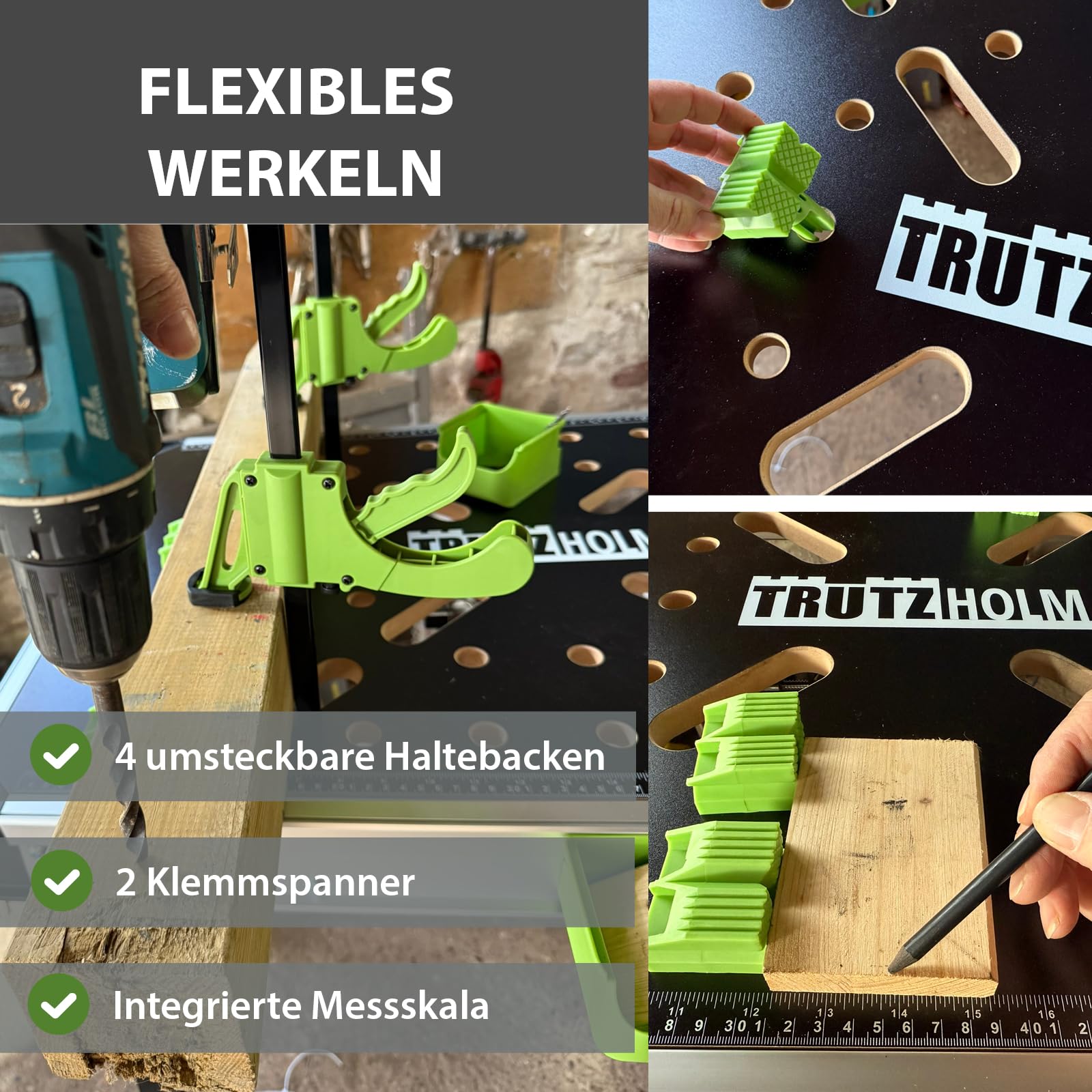 TRUTZHOLM 2 x Werkbank Multifunktionstisch Spanntisch 60 x 85 cm klappbar höhenverstellbar 73–90 cm Arbeitstisch mit Messskala, 450 Kg, 20mm Lochrastersystem, Werkzeugboxen, Schnellspannern