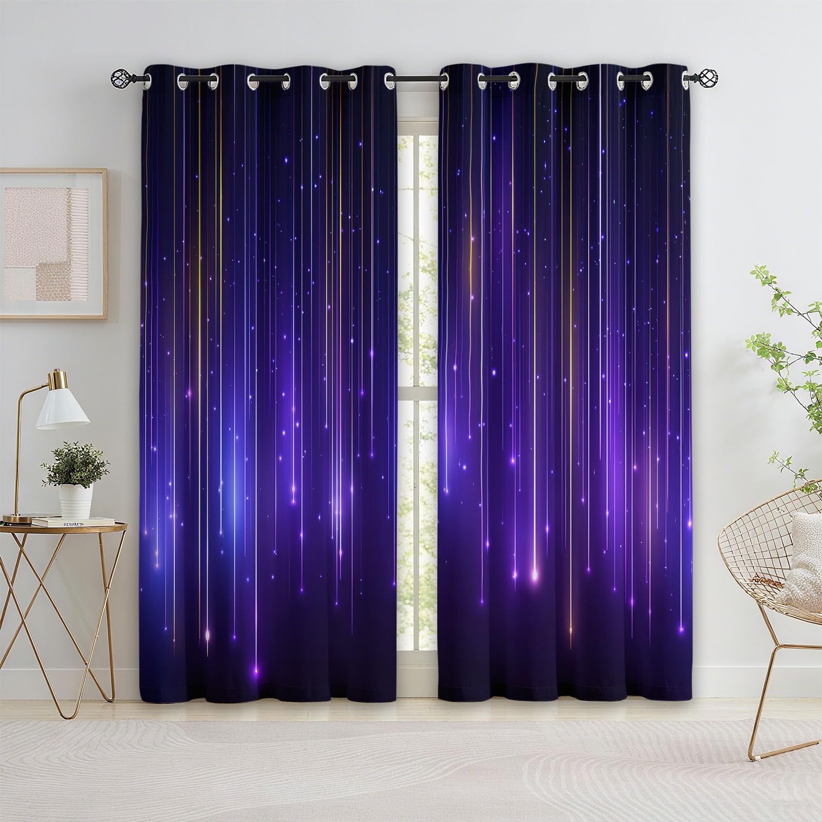 Blickdichter Thermovorhang, Kälte - Hitzeschutz Vorhänge, Verdunkelungsvorhang für Kinder Teenager, mit Muster Abstrakt Vertikal Licht Neon Tropfend, 215 x 110 cm H×B,Lila-Schwarz 2er Set