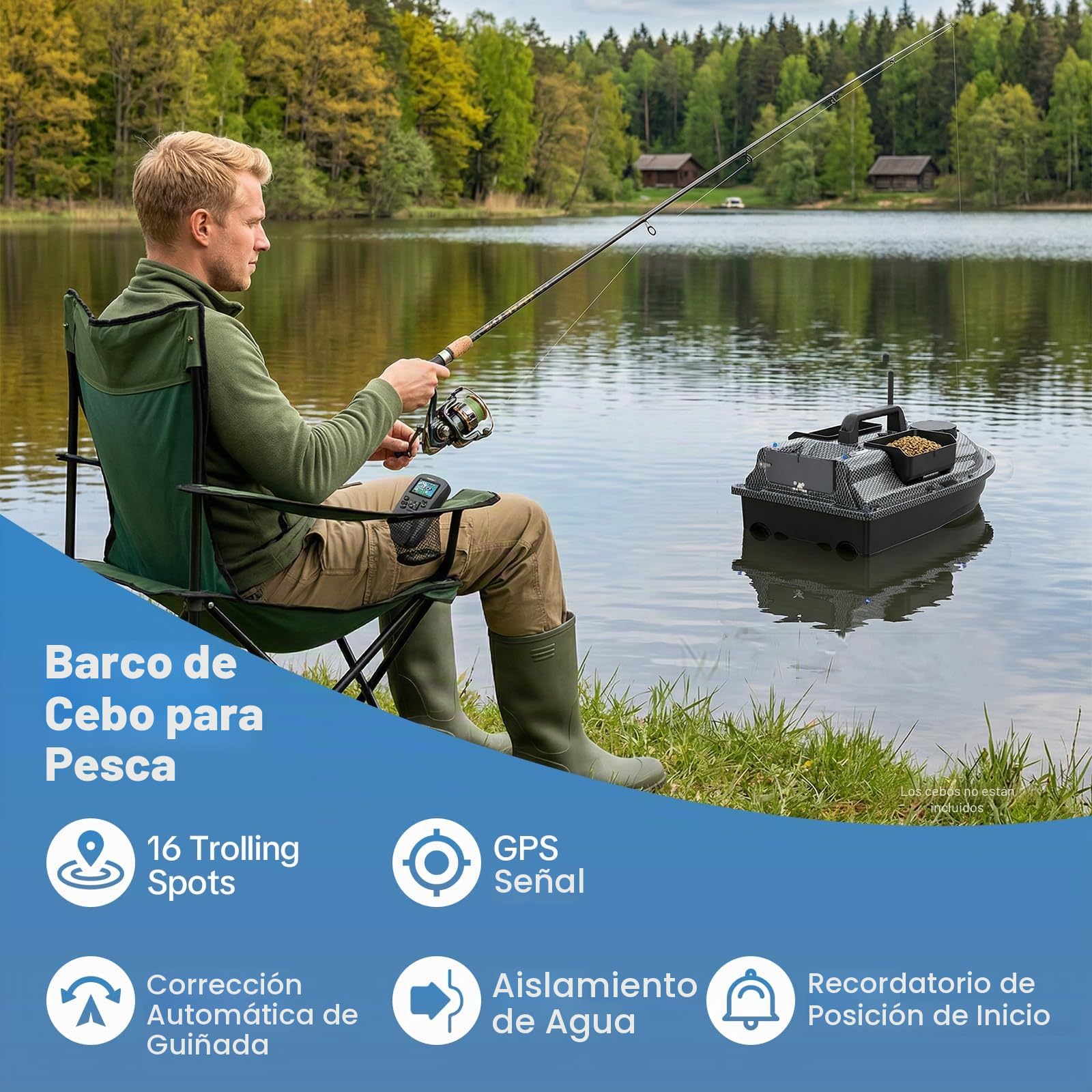 Barco teledirigido, 600 m, Barco de Pesca con GPS, Carga de 2 kg, 40 Puntos de posicionamiento, Motores duales, Barco de alimentación RC para ríos, Lagos y Mares