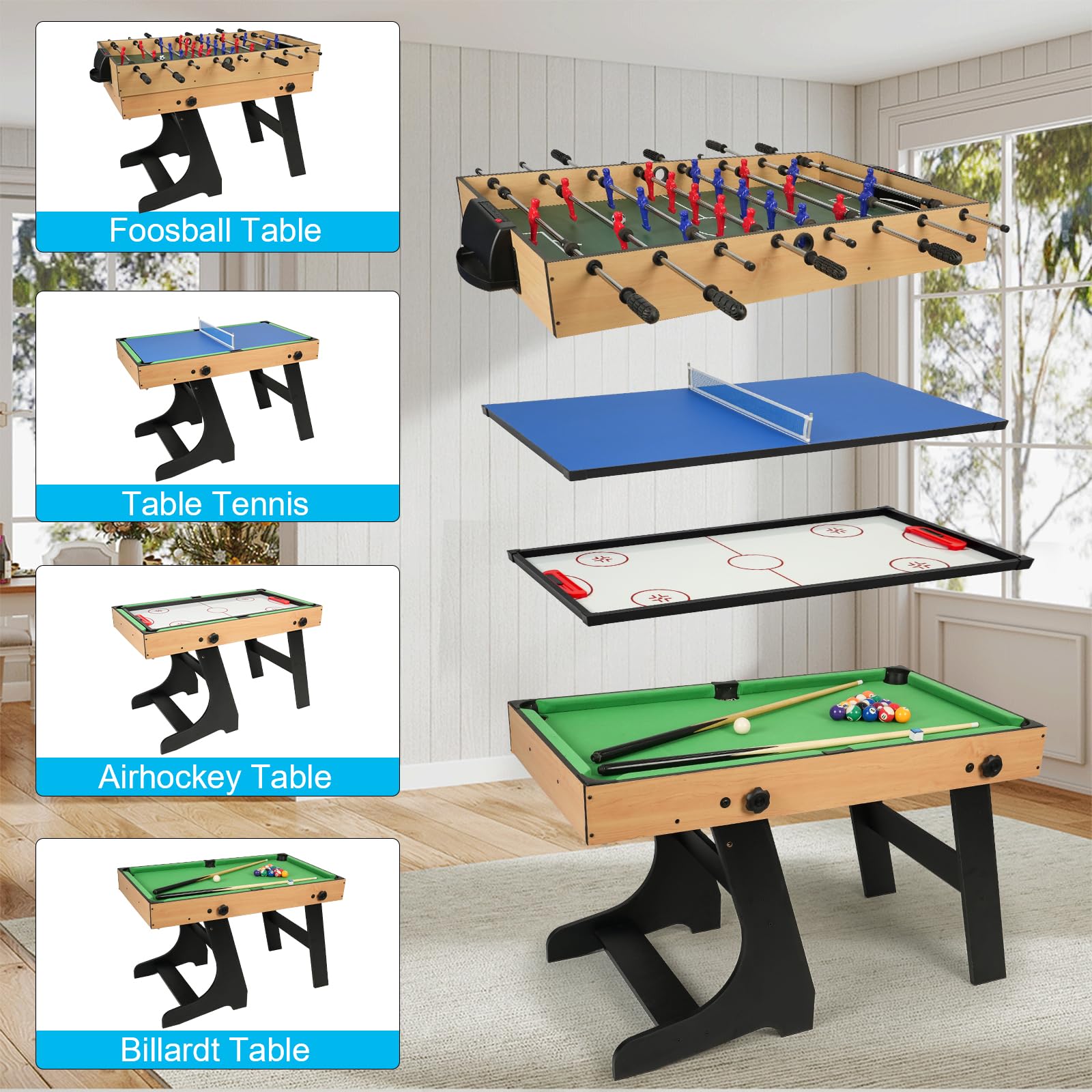 Tavolo Multigioco 10 In 1, Calcio Balilla 4FT Pieghevole, Biliardino Multigioco Tavolo da Biliardo, Biliardino, Biliardo, Ping pong, Tavolo daHockey, Shuffleboard, bowling per Bambini.