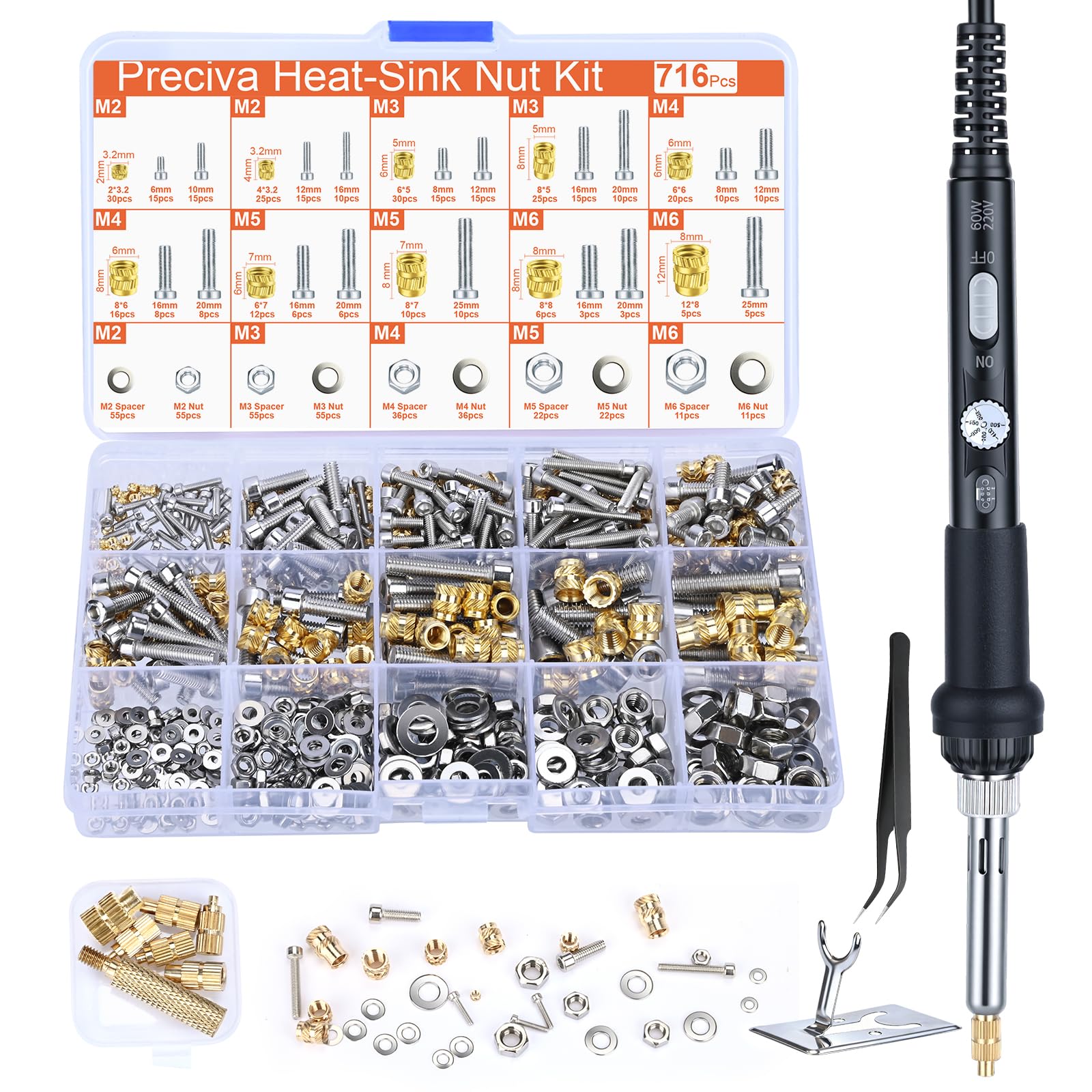 Preciva Threaded Inserts Set, 716Pcs Heat Set Inserts Nuts Bolts