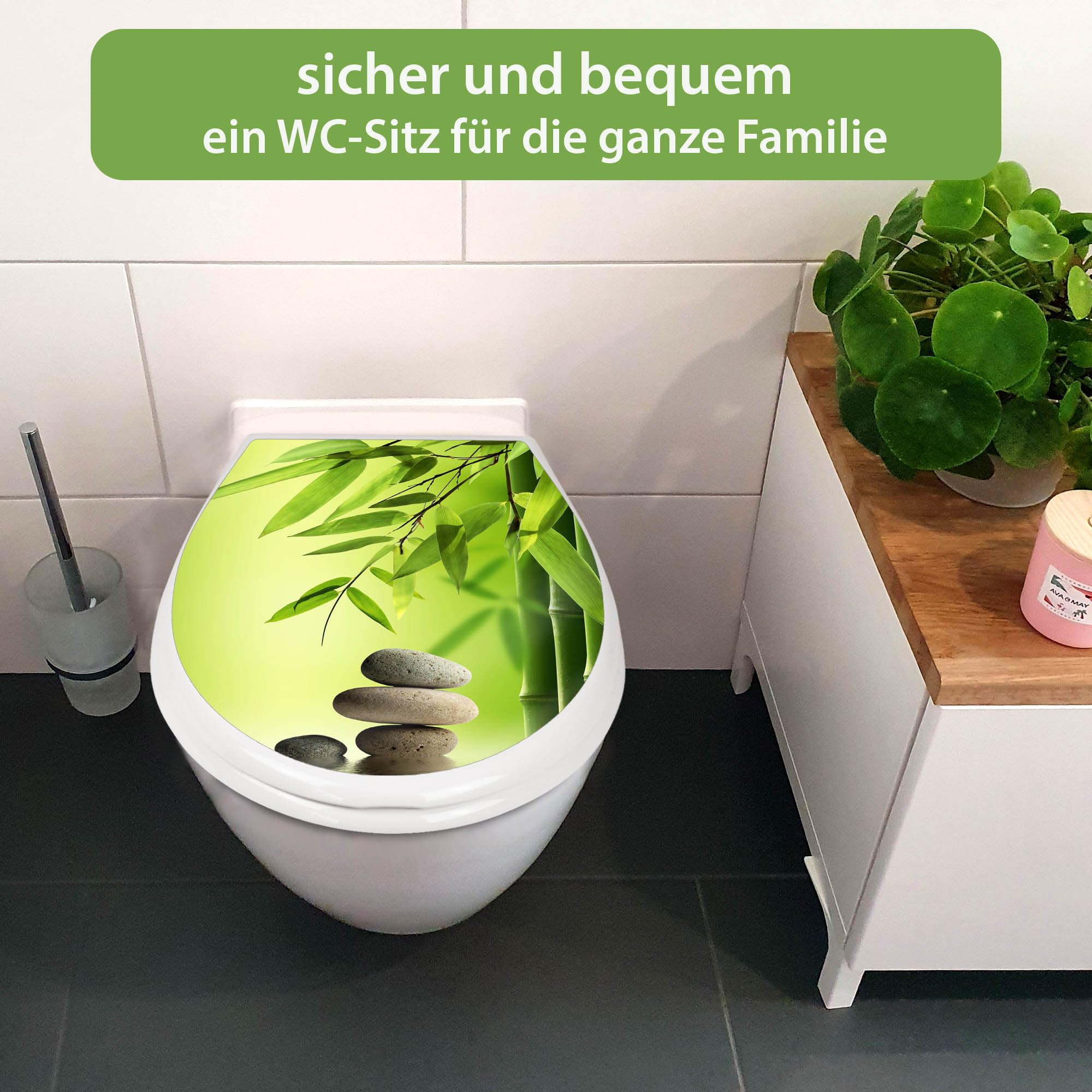 banjado Familien WC Sitz mit Absenkautomatik 44,9x37,1cm - Klobrille mit Kindersitz aus hochwertigem Polypropylen - Toilettendeckel mit Kinder Toilettensitz integriert - Motiv Innere Ruhe