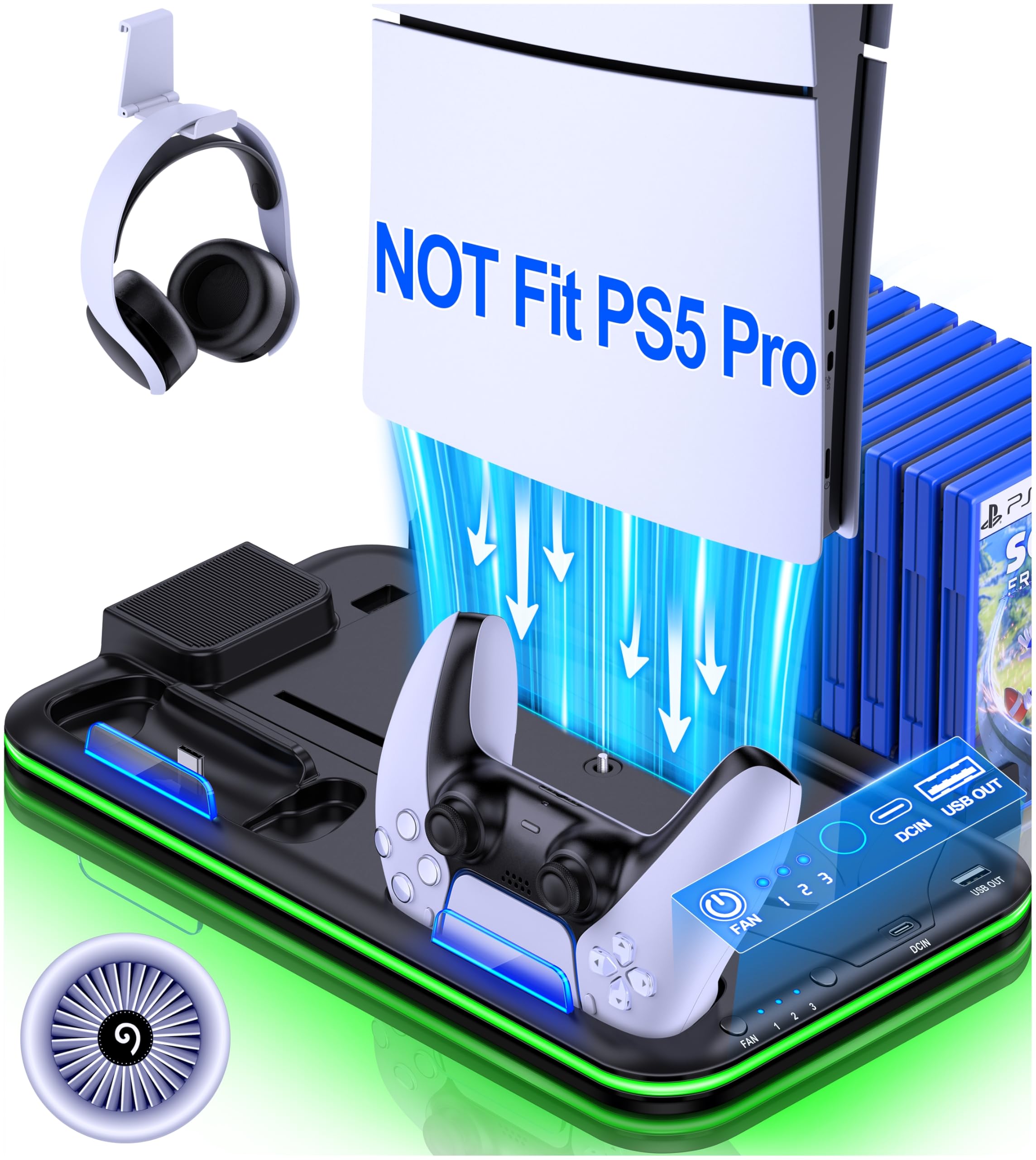 EXTREMECOOL PS5 Stand with 4 Level Cooling Fan and RGB LED, Fast Dual Controller Charging Station for Digital/Disc, Accessories Included 6 Games Storage, Headphone Stand, Dust