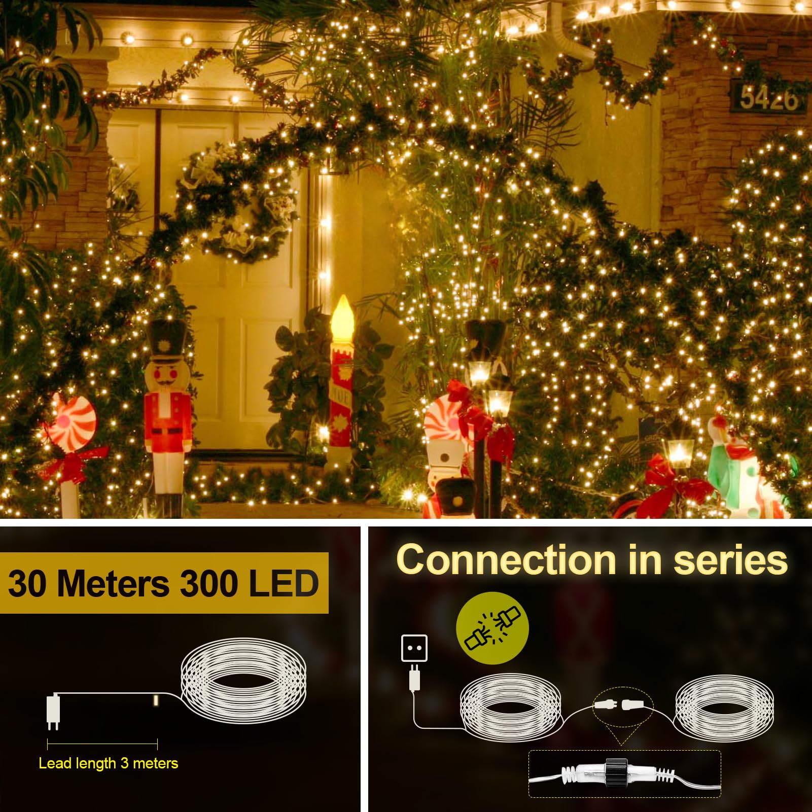 Uping Luci Natale Esterno Interno Luci Albero di Natale 30M 300LED Luci LED per Albero di Natale Bianco Caldo Catena Luminosa da Esterno Natalizie con 8 Modalità IP44 Impermeabile