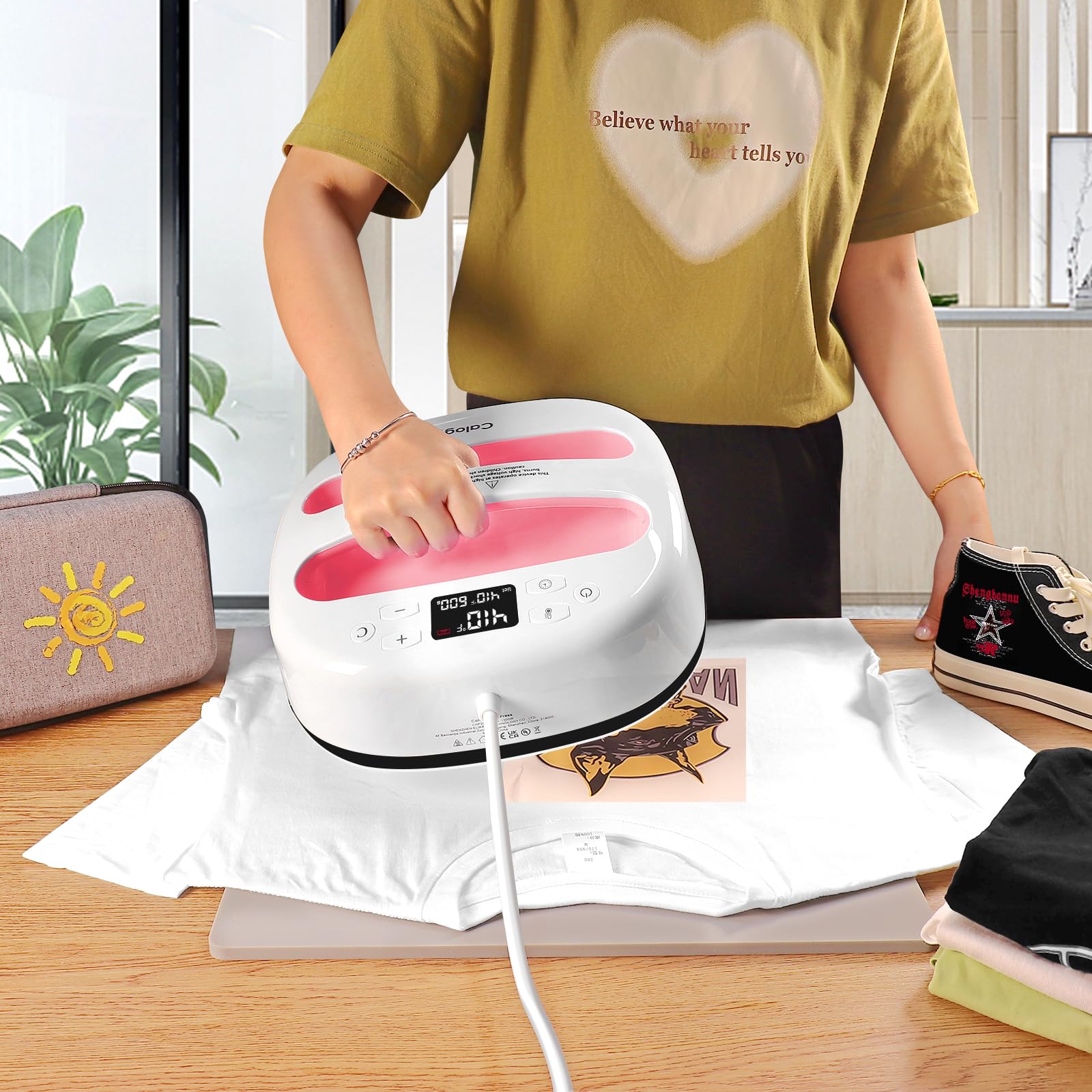 Calogy Heat Press Machine for T-Shirts 10"X10", Portable Heat Press Fast Up to 410℉(210 ºC), Precise Temp Control, 15 Mins Auto Off for Bag, Pillows, Sublimation Vinly Transfer (White Pink-10 * 10IN)