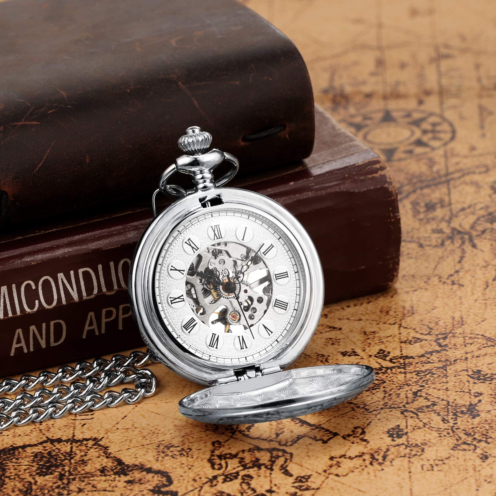 TREEWETO Montre a Gousset pour Homme avec Chaîne Montre de Poche Unisexe mécanique à Double Couverture Squelette Steampunk