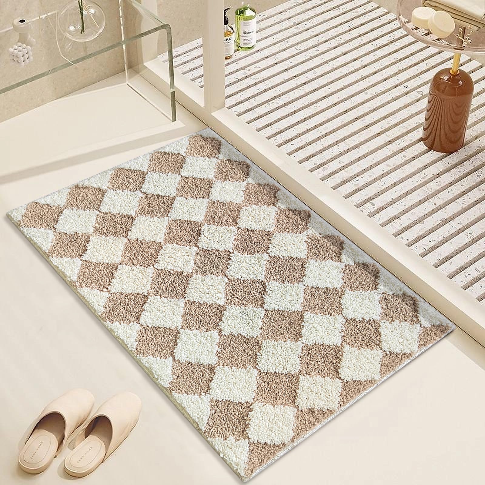 Soft Checkered Bathroom Rug Mat - Super Absorbent, Non-Slip TPR Backing, Quick Dry, Khaki - View #7