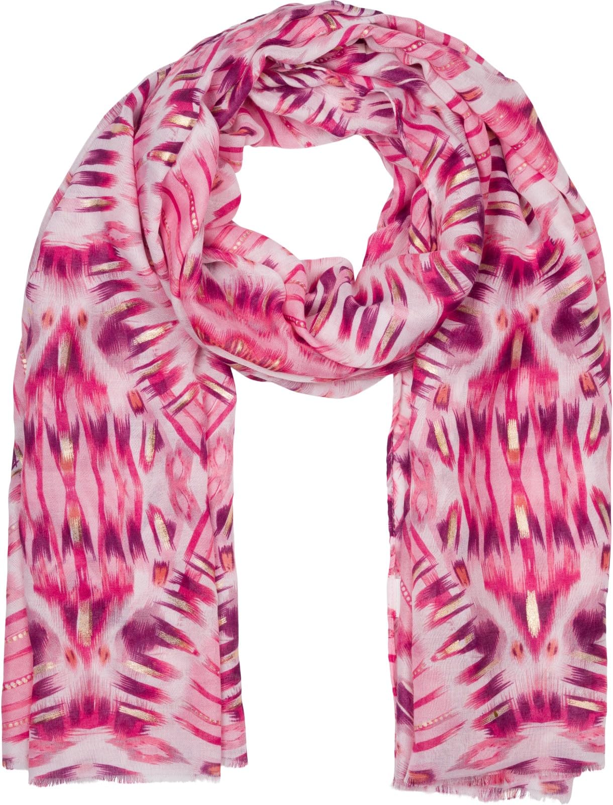 Stylebreaker Women's Coral-Pink Scarf Batik Shibori Pattern With Metallic Stripes, Lightweight Ethnic Cloth With Short Fringes 01016228, Colour: