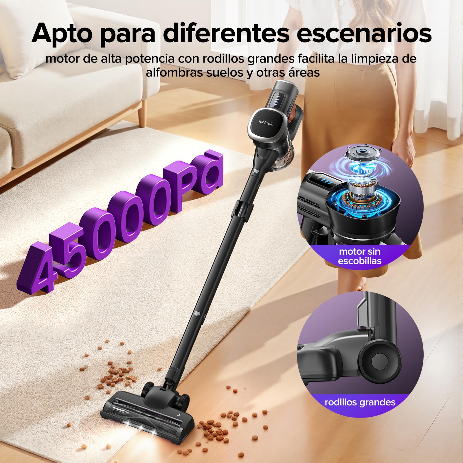 Lubluelu Aspiradora inalámbrica 45 kPa 400 W, potente aspiradora con batería de 50 minutos, cepillo de suelo antienredos y 2 filtros, ideal para suelos duros, alfombras y pelo de animales (gris oscuro