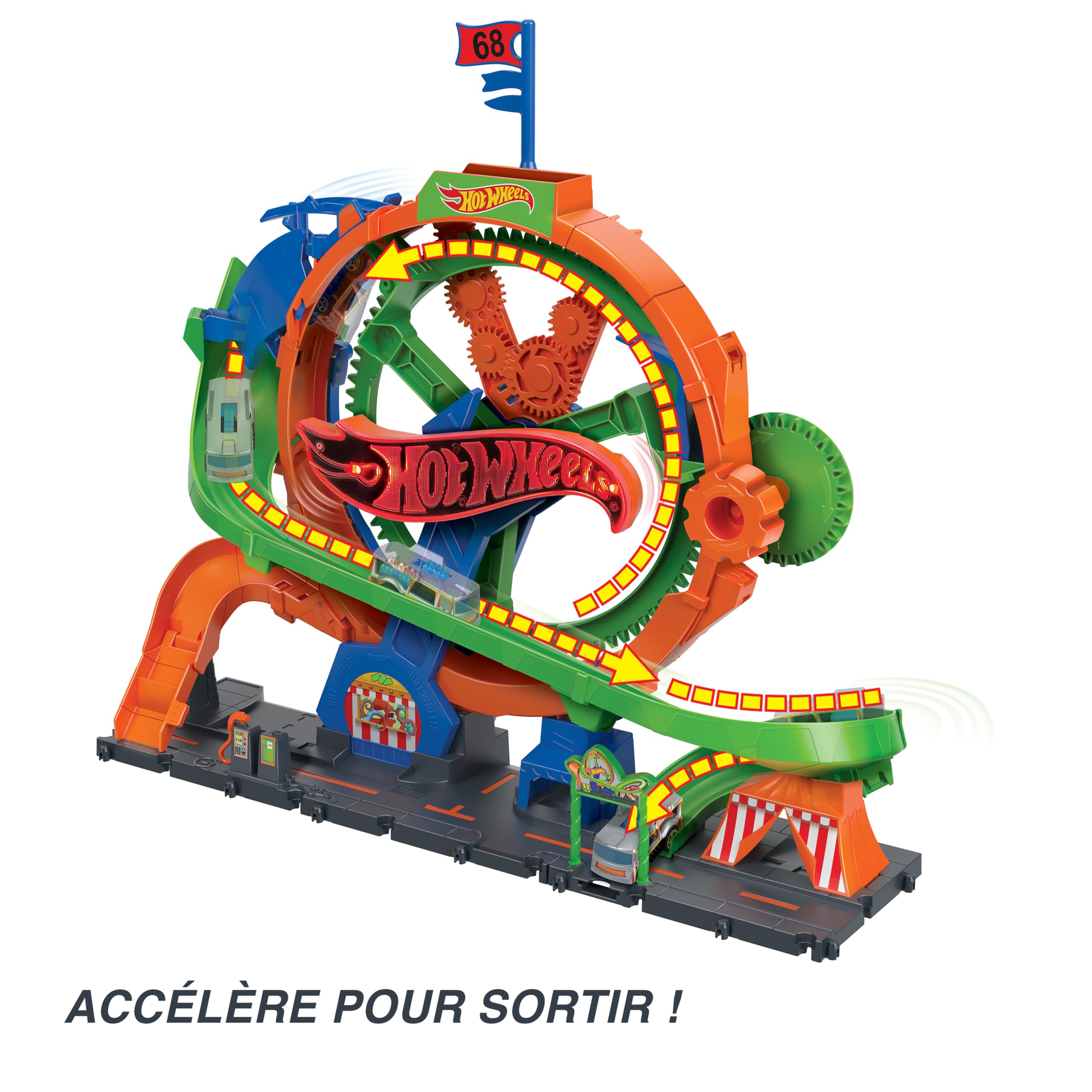 Hot Wheels Coffret Grande Roue City, avec 1 Voiture et Grande Roue activée par Les Enfants avec Effets sonores et Lumineux façon fête foraine, HKX46