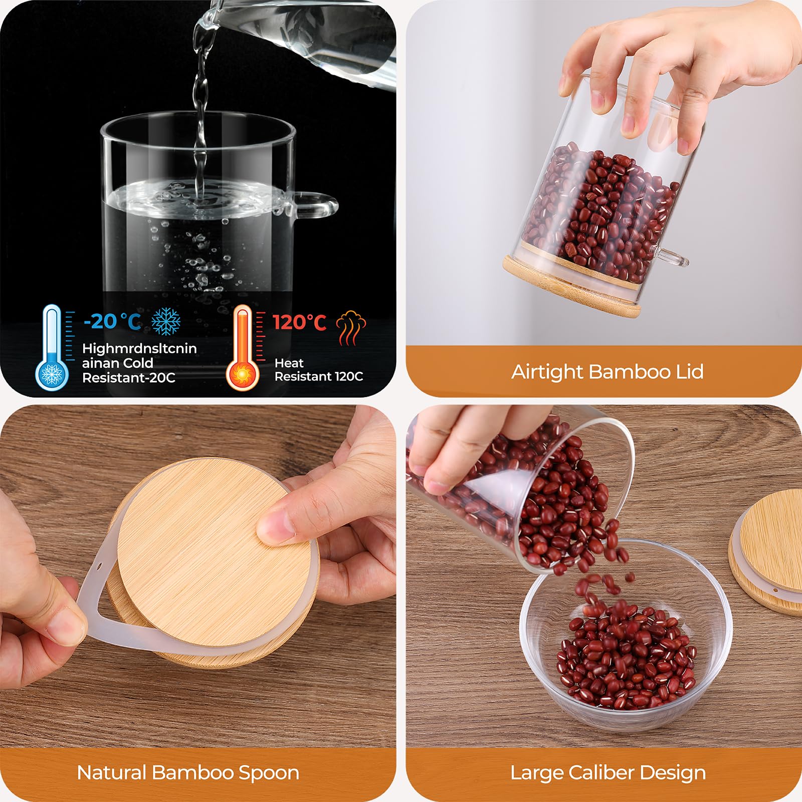 Rongbaor 3 Pack Glass Jars with Airtight Bamboo Lid and Spoon,530ml Overnight Oats Jars,Kitchen Spice Jars Storage Containers,With Waterproof Label and Marker Pen for Home Storage Cookie Candy Coffee - Image 4
